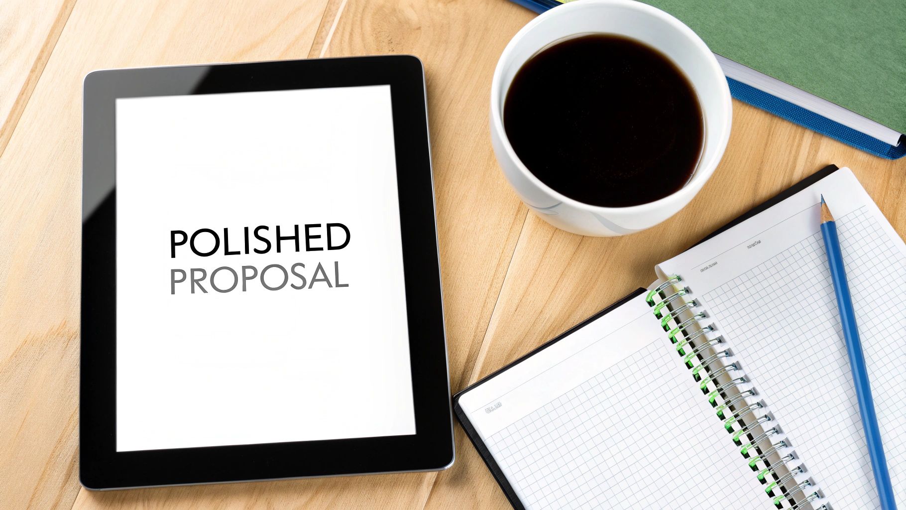 Overhead view of a tablet displaying 'POLISHED PROPOSAL' next to coffee and a notebook on a wooden desk.