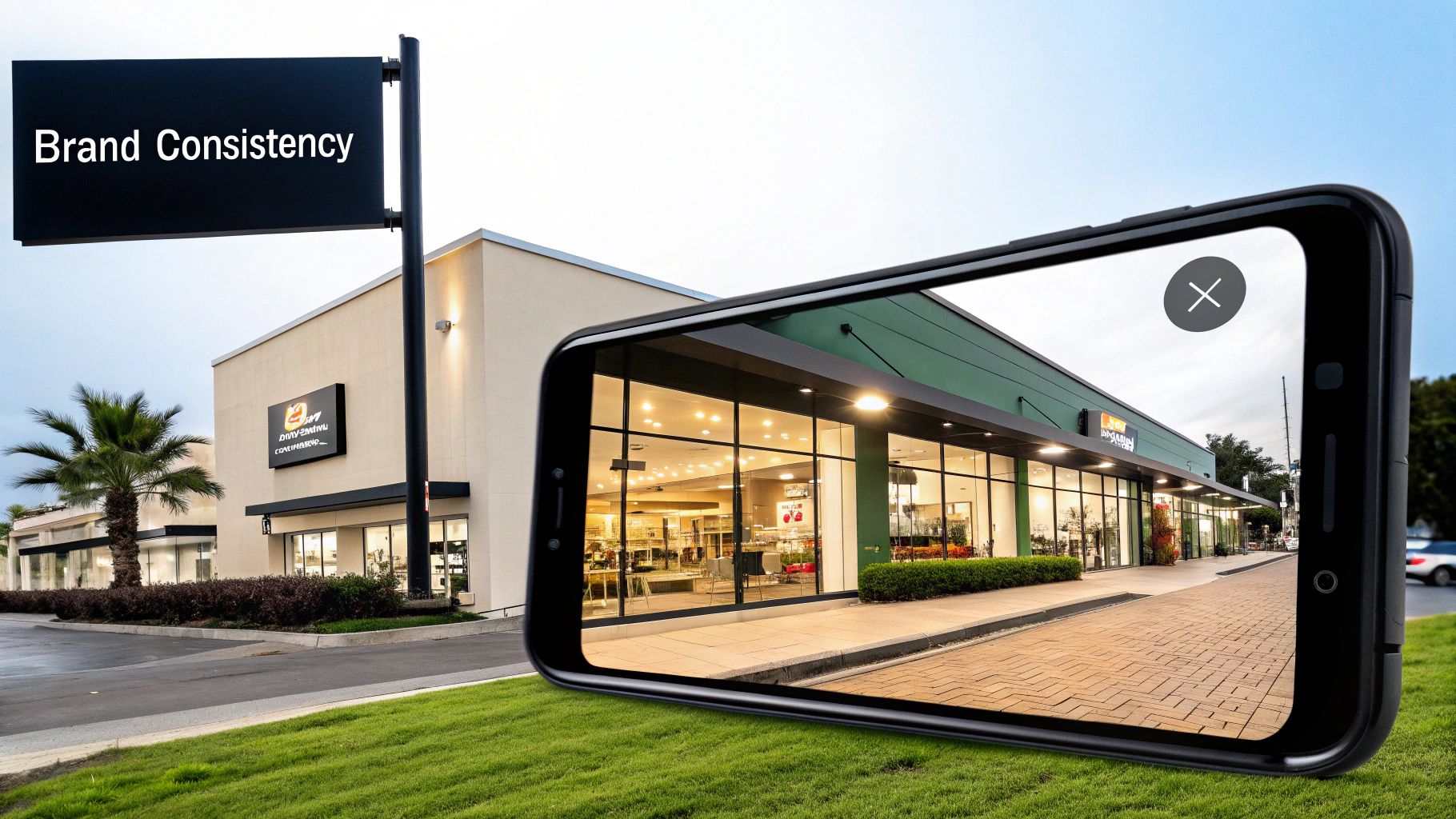 Smartphone displaying modern retail storefront showcasing brand consistency across physical and digital channels
