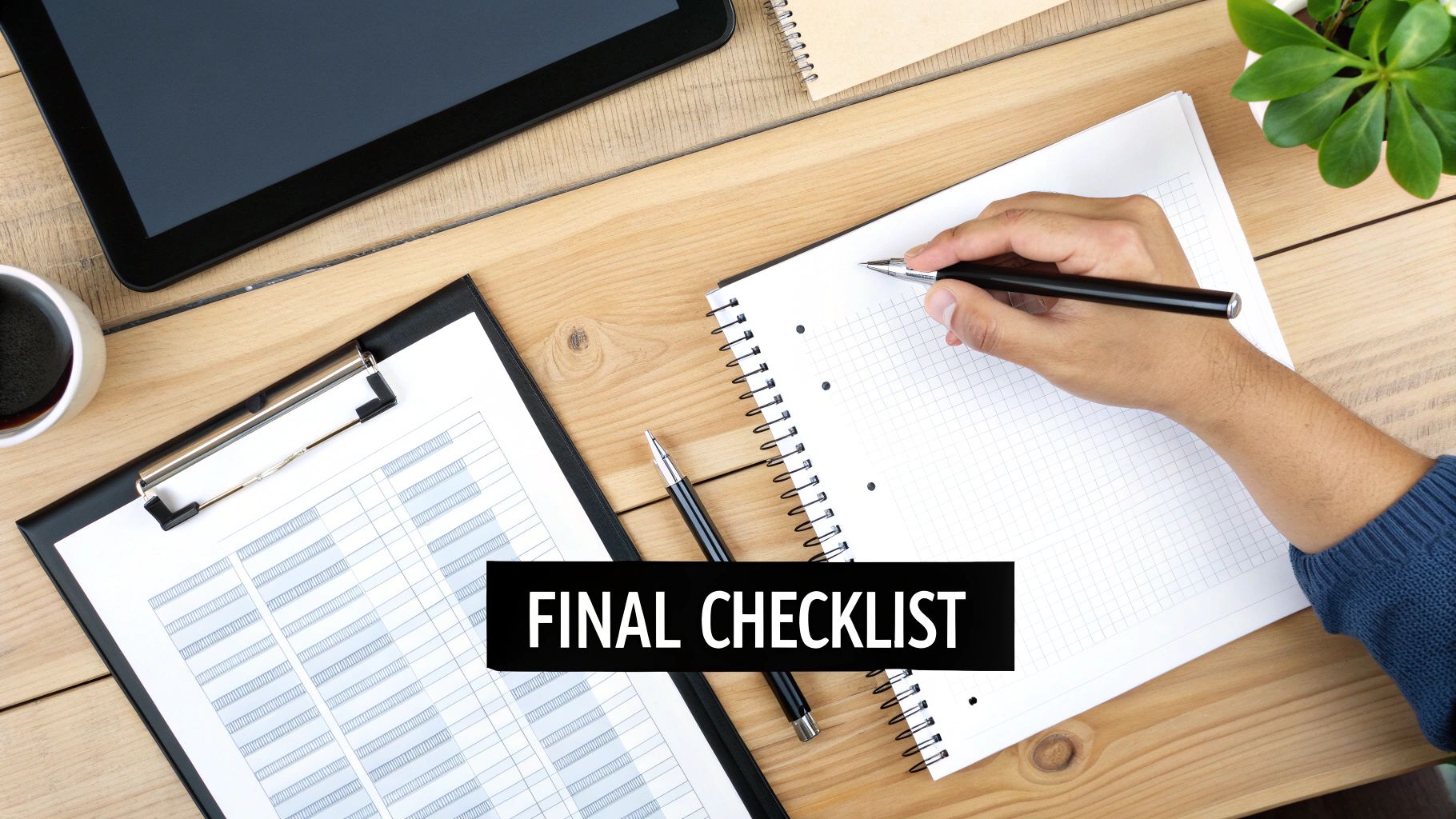 A person reviewing a document on a tablet with a cup of coffee, signifying the final review stage of a proposal.