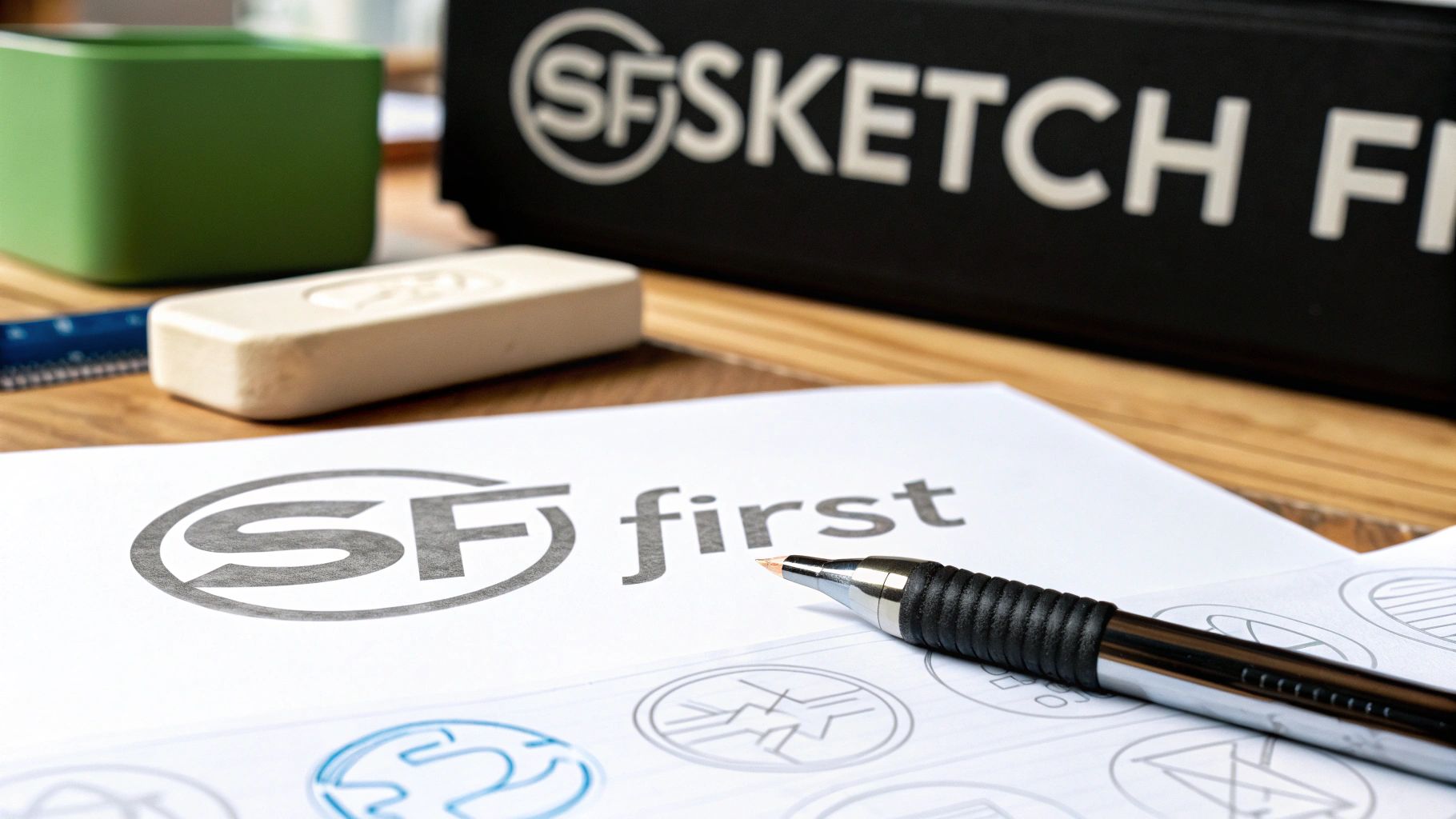 Person sketching multiple logo thumbnails in a notebook