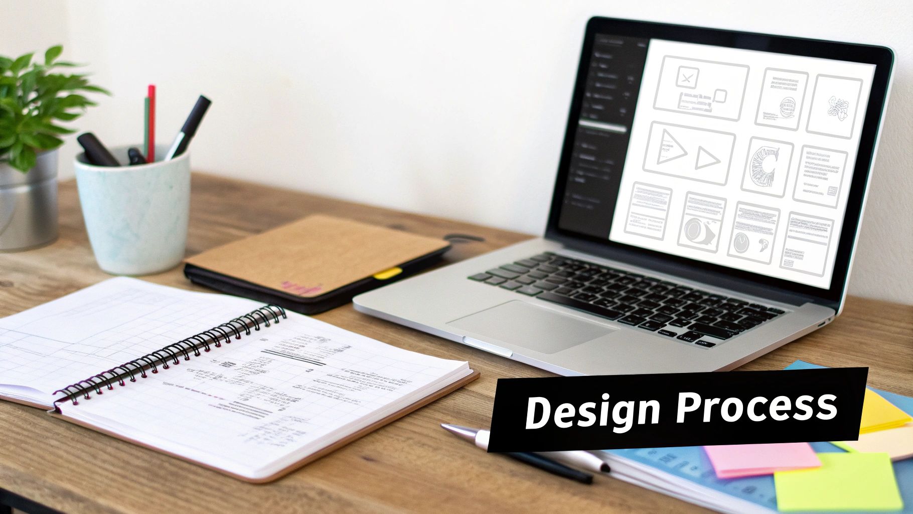 Creative workspace with laptop displaying UI/UX design mockups, a notebook, pens, and a plant.