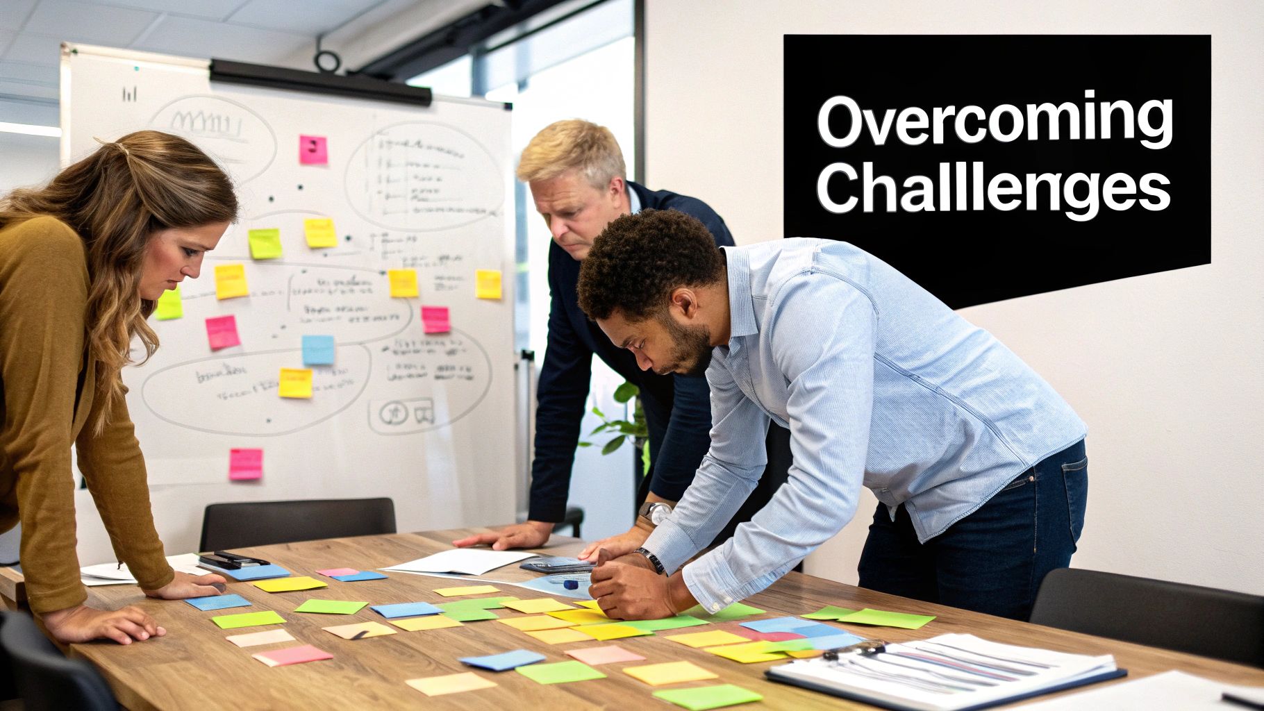 A team navigating a complex maze of branding symbols and channels, symbolizing the challenges of consistency.