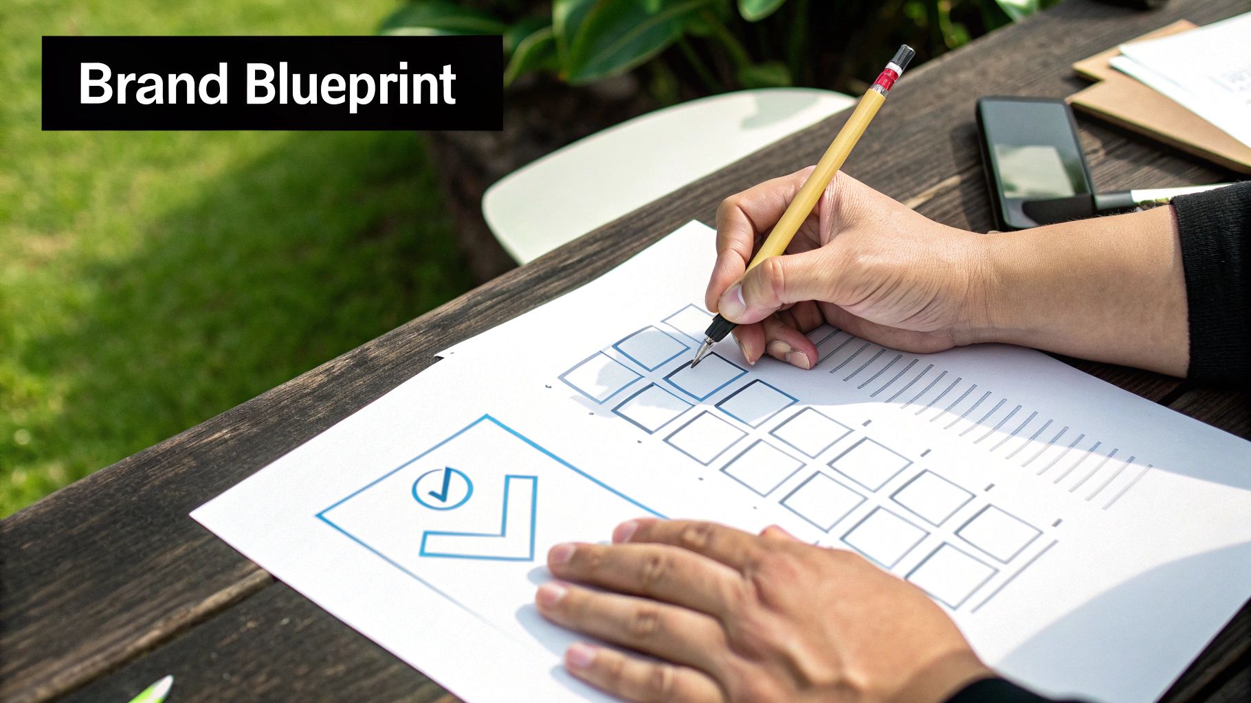 A person at a desk sketching out a brand architecture diagram with sticky notes.