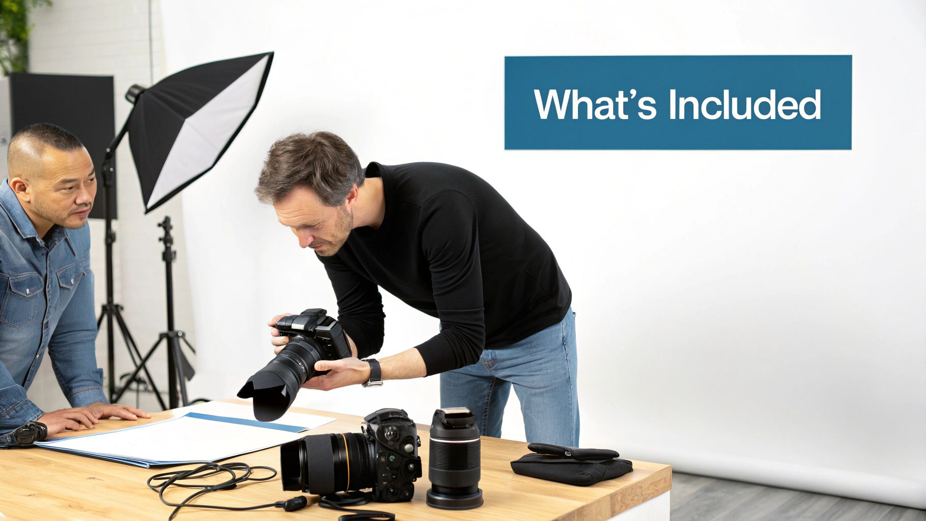 A professional photographer adjusting a camera lens in a bright studio.