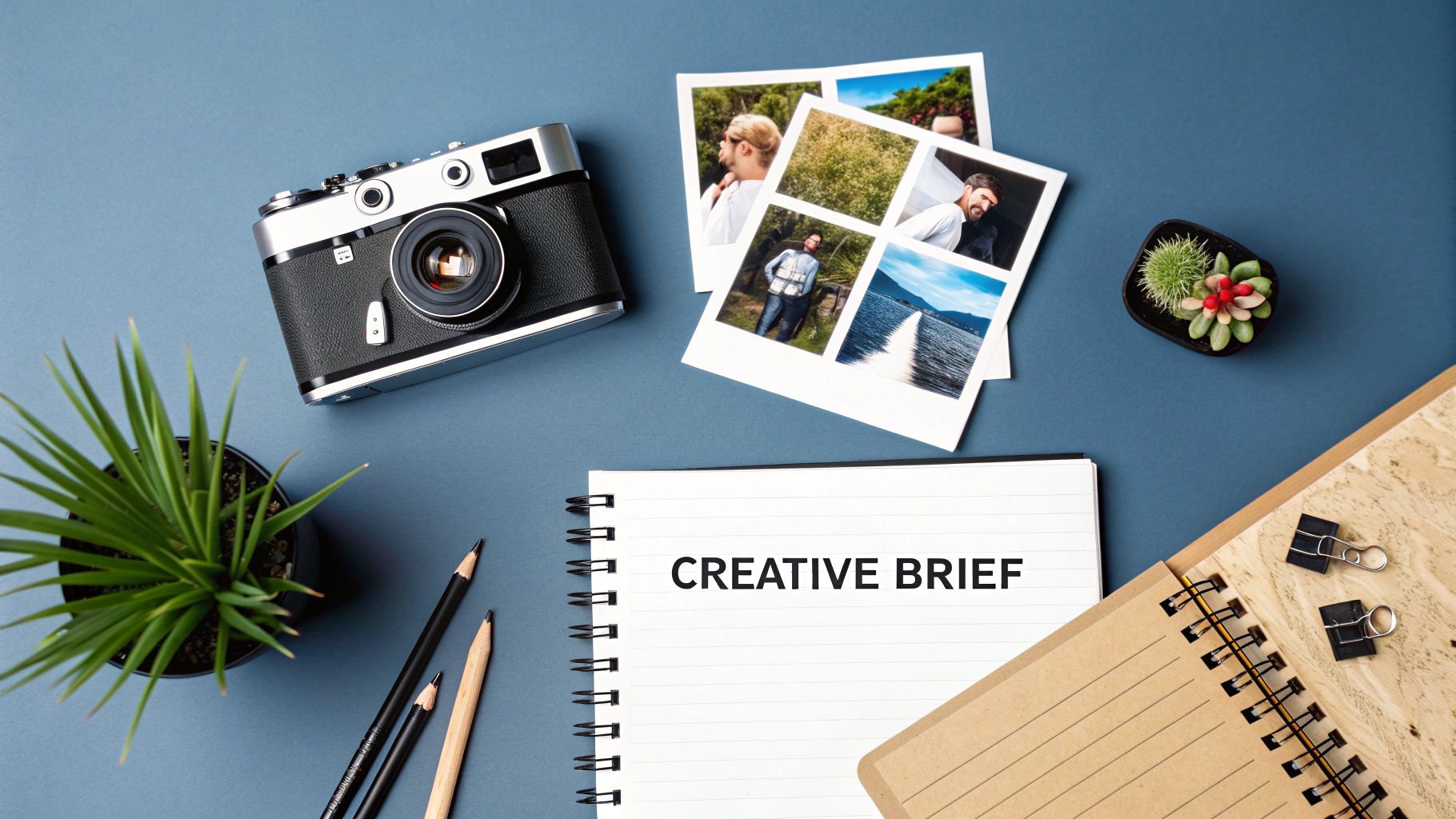 Creative brief notebook with vintage camera, printed photos, and office supplies on blue desk