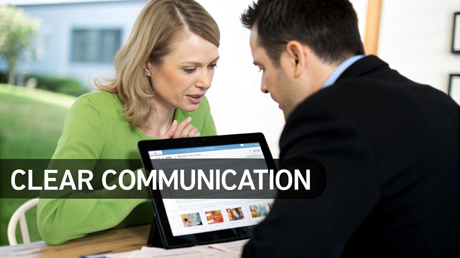 Two creative professionals in a discussion, symbolizing clear and transparent client communication.