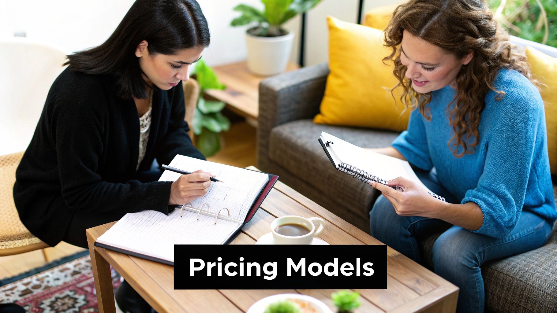 A person pointing at a whiteboard with various pricing model diagrams, explaining the differences to a small group.