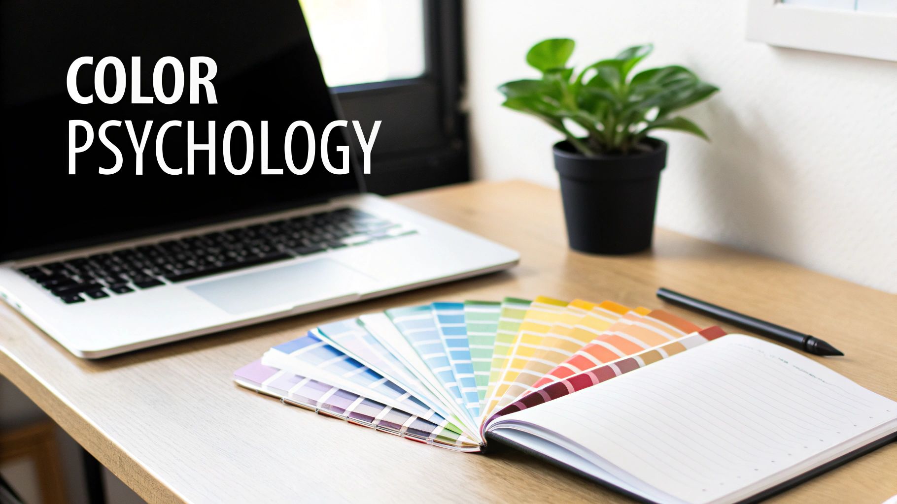 Color psychology workspace with rainbow color swatches, laptop, and plant on wooden desk