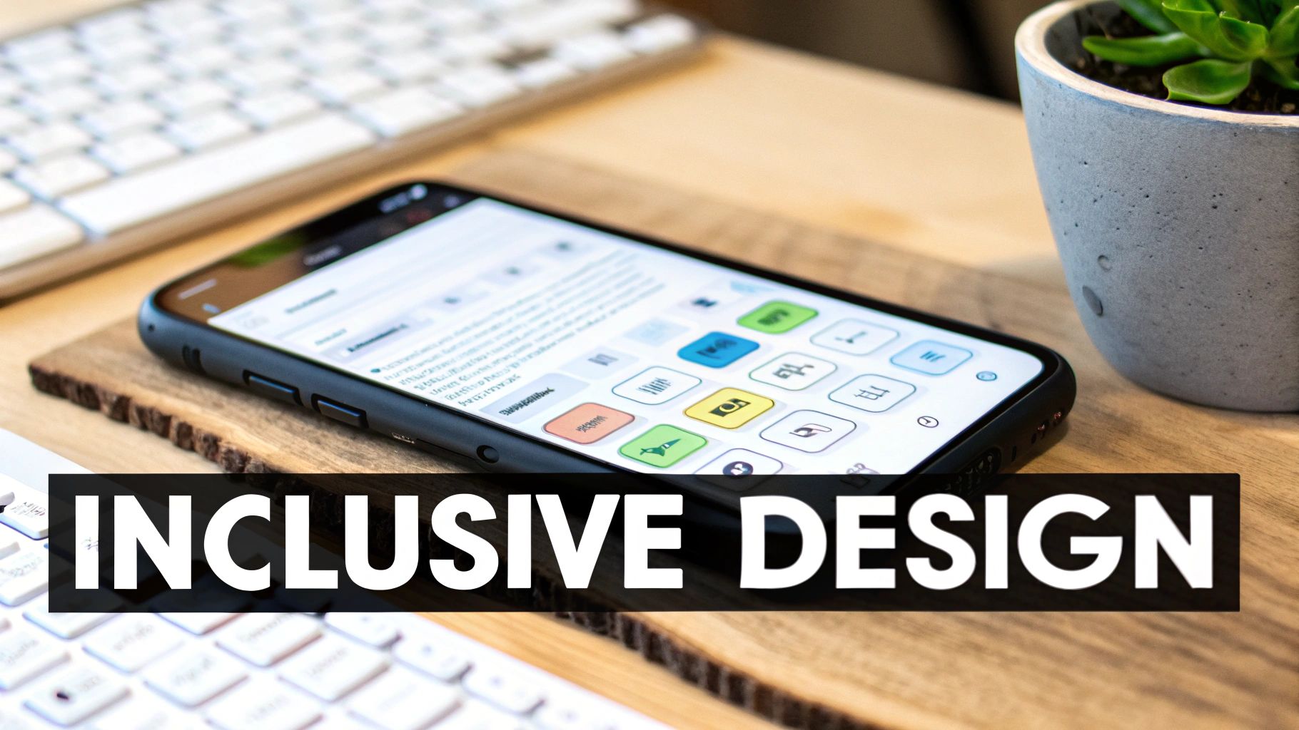 A smartphone on a wooden desk displaying an app with colorful icons, overlayed with 'INCLUSIVE DESIGN' text.