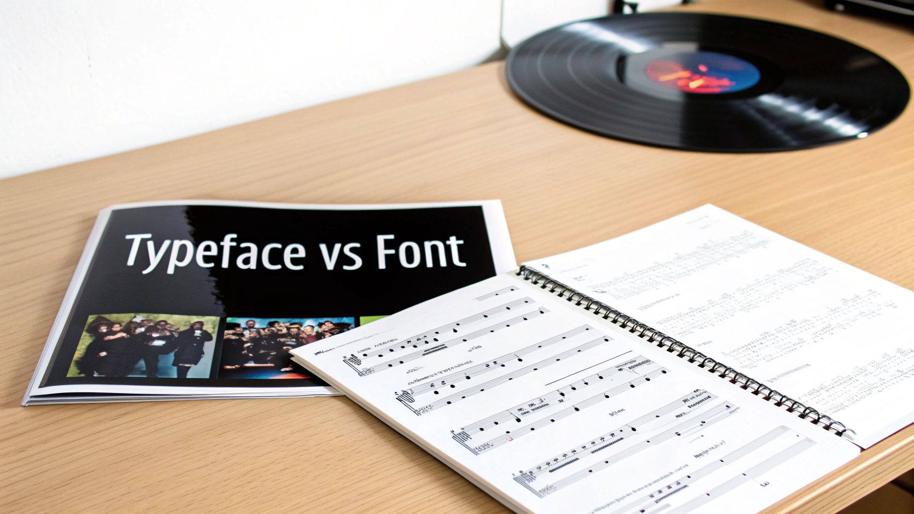 A 'Typeface vs Font' magazine, a musical score notebook, and a vinyl record on a wooden desk.
