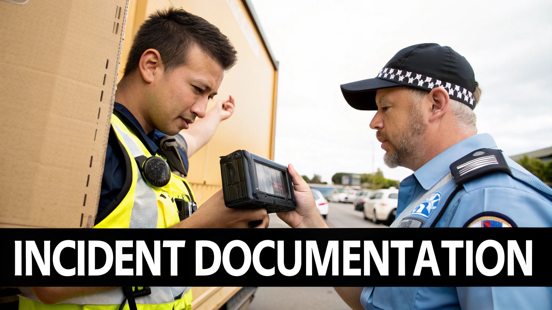 Two men, one in uniform, one in high-vis, reviewing a body-worn camera for incident documentation.