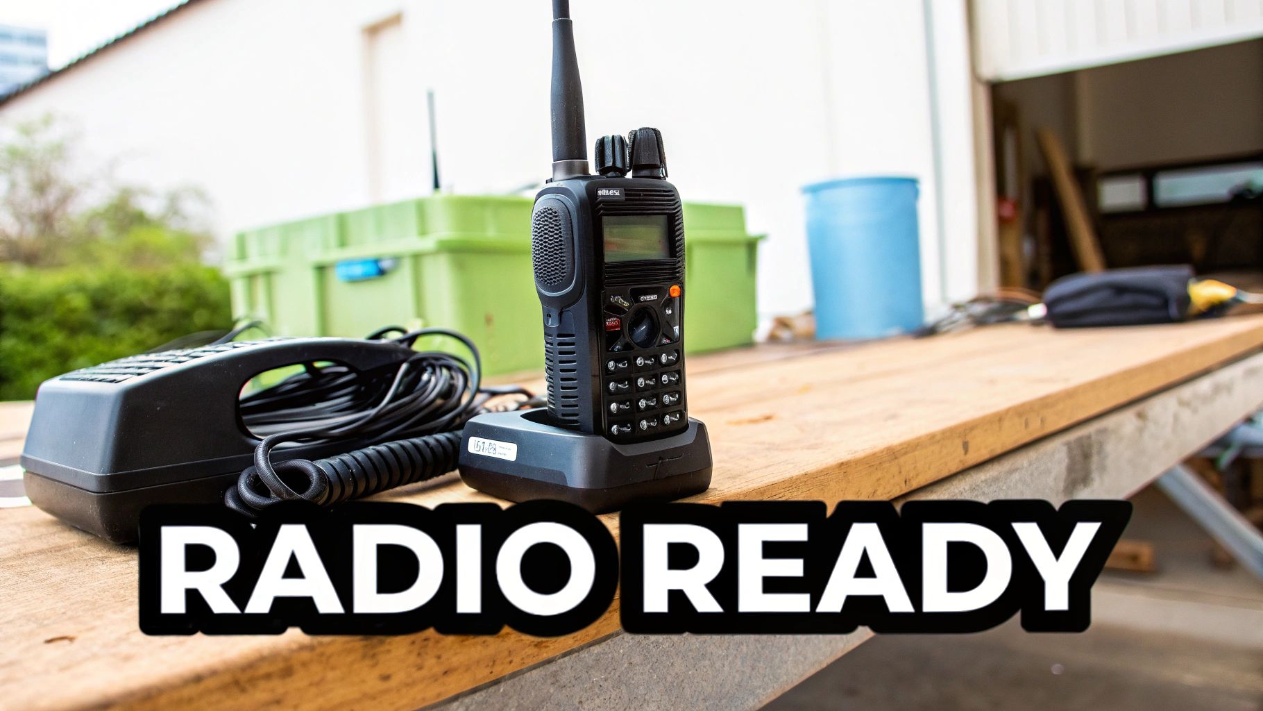 A person cleaning a two way radio, focusing on the battery contacts and antenna connection.