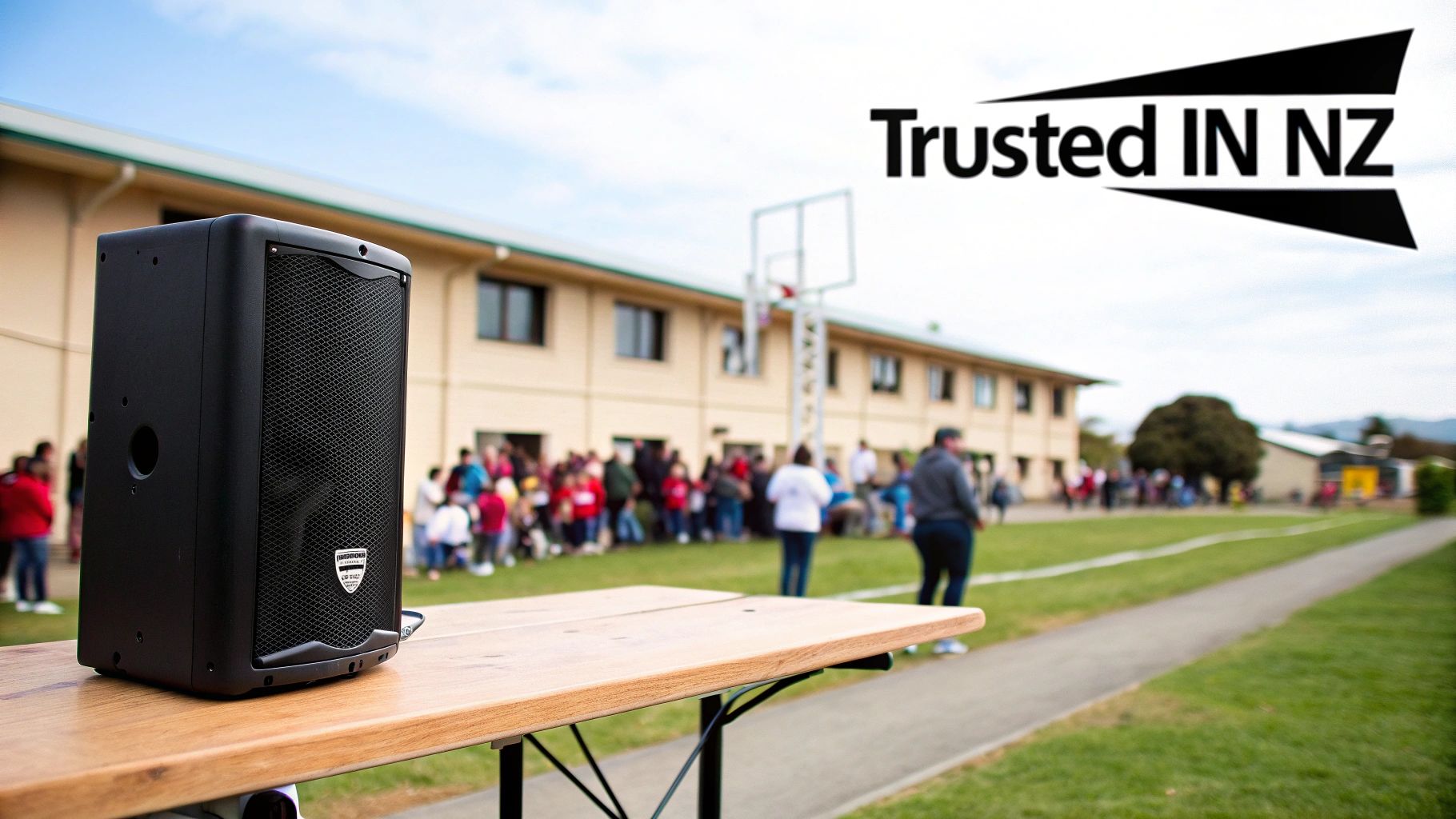 A person setting up a Chiayo portable PA system on a tripod stand outdoors