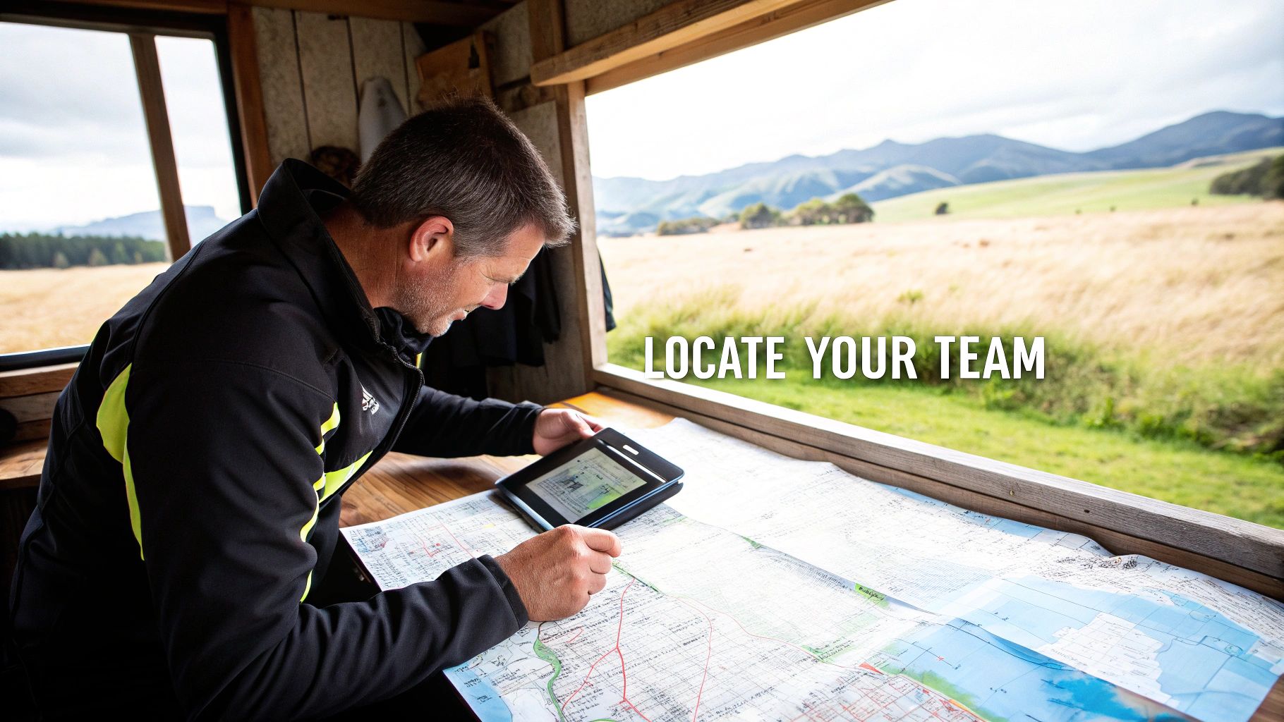 A man indoors, using a tablet and paper map on a wooden table, overlooking scenic fields and mountains.