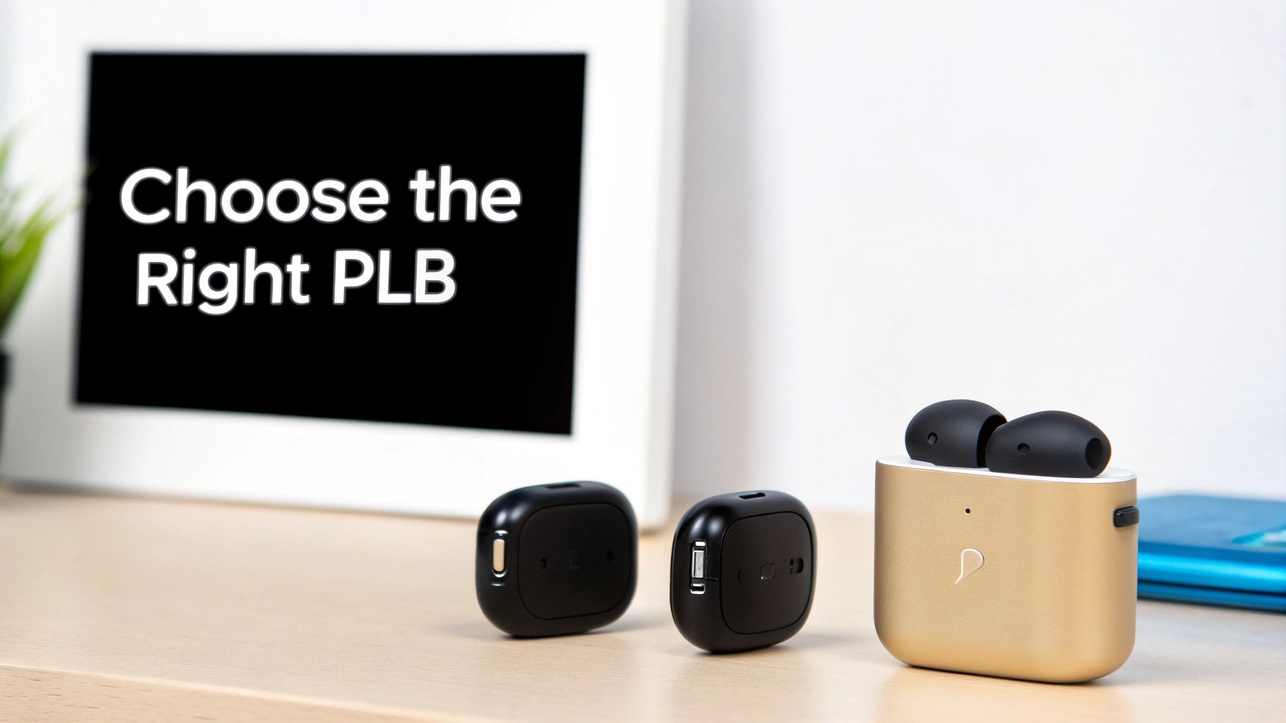 Three electronic devices, including a gold earbud case, on a desk with a 'Choose the Right PLB' screen.