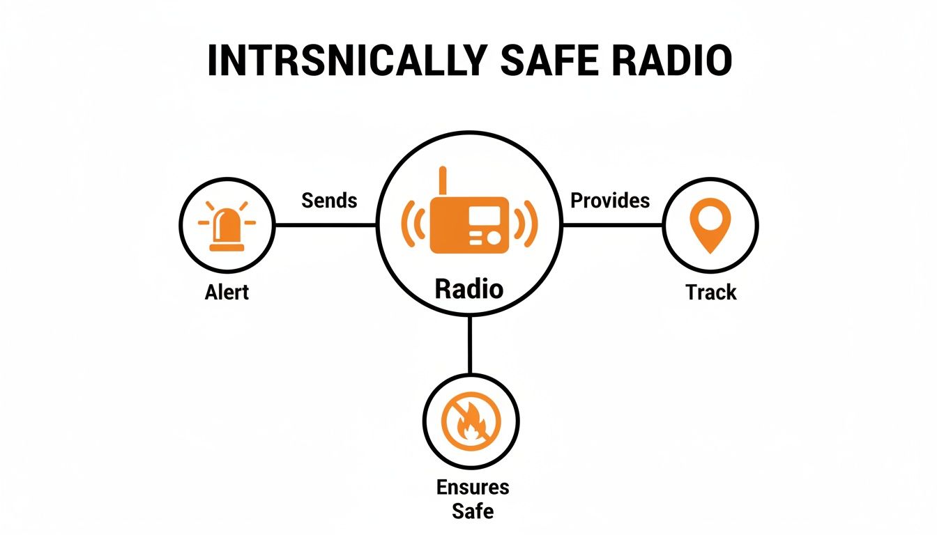 Diagram showing an intrinsically safe radio that sends alerts, provides tracking, and ensures safety.
