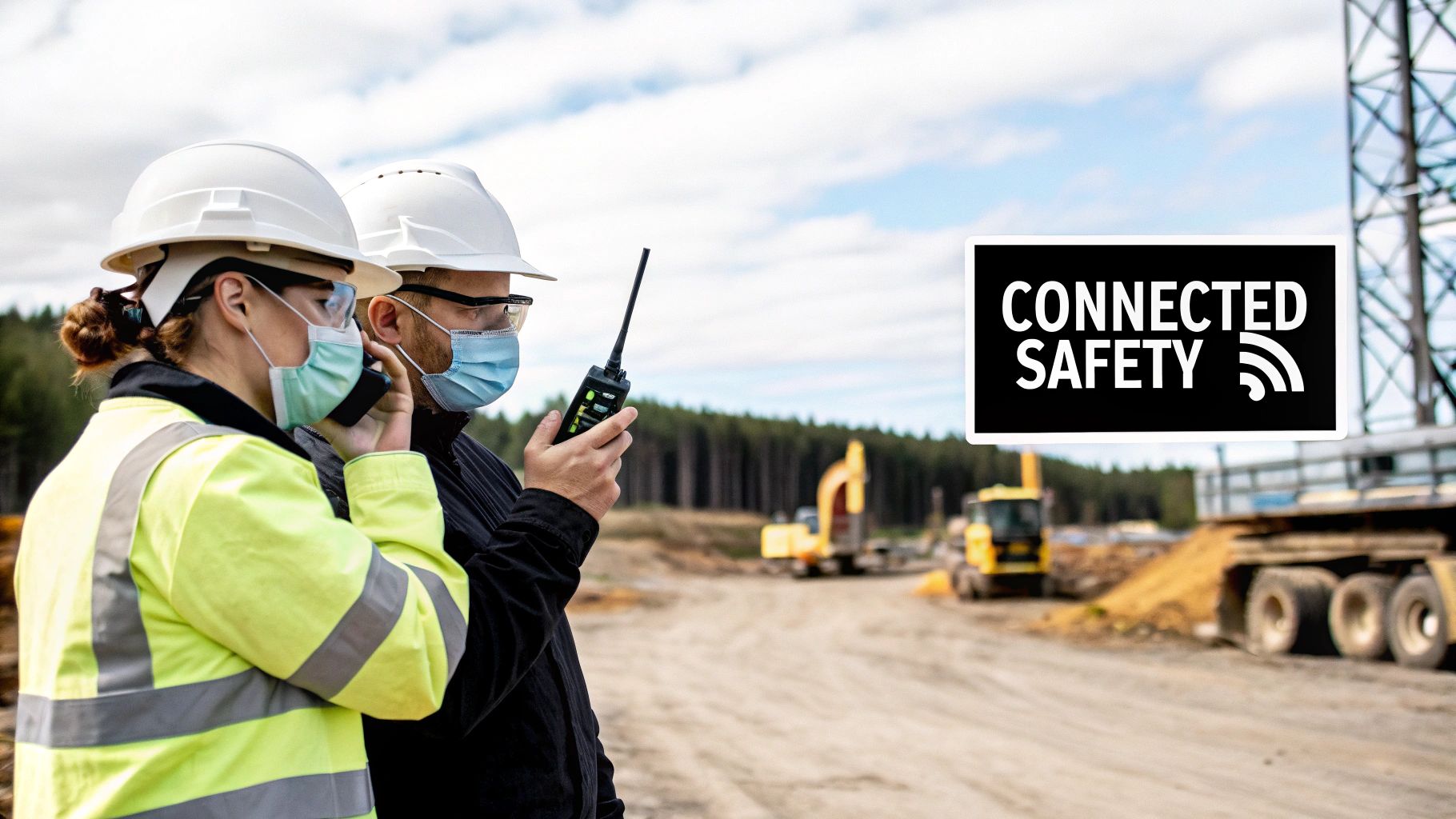 Two construction workers in safety gear and masks, using communication devices at an industrial site.