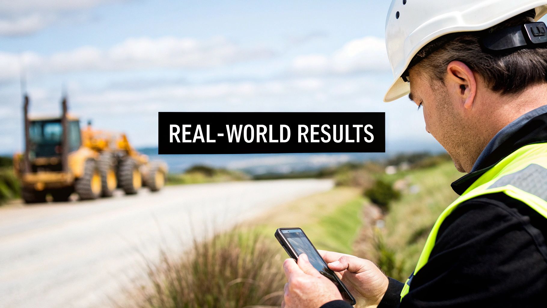 A construction worker in a hard hat and safety vest uses a smartphone at a job site with heavy machinery.