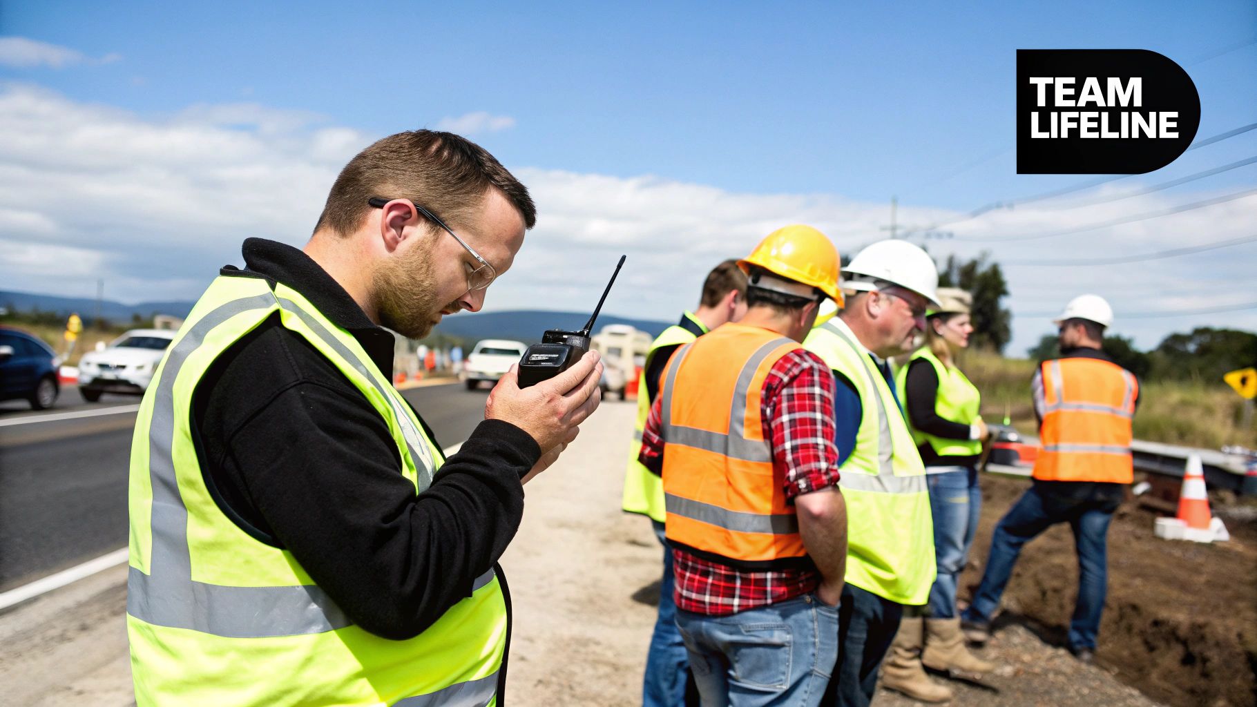 A person using a Hytera P50 PoC Radio in an outdoor work environment.