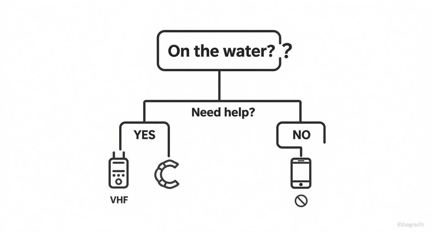 A flowchart illustrating communication options for boaters needing help on the water, including VHF radio.