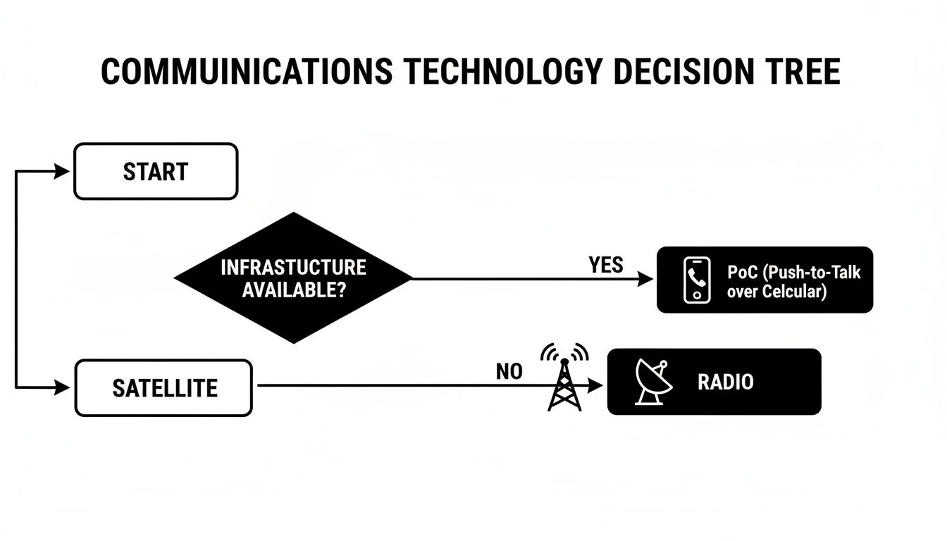 A communication technology decision tree showing options: PoC (Push-to-Talk over Cellular) or Radio.