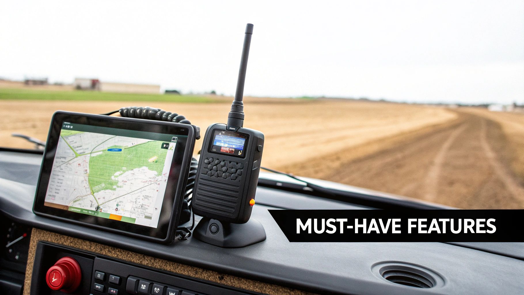 Modern fleet communication system with tablet navigation and two-way radio on a vehicle dashboard.