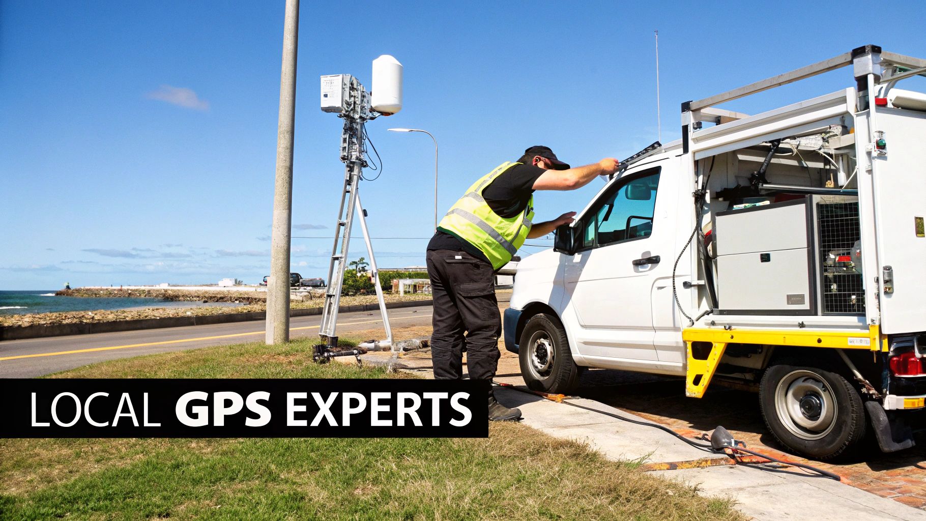 A GPS expert adjusts equipment on a white utility truck next to surveying gear by the ocean.