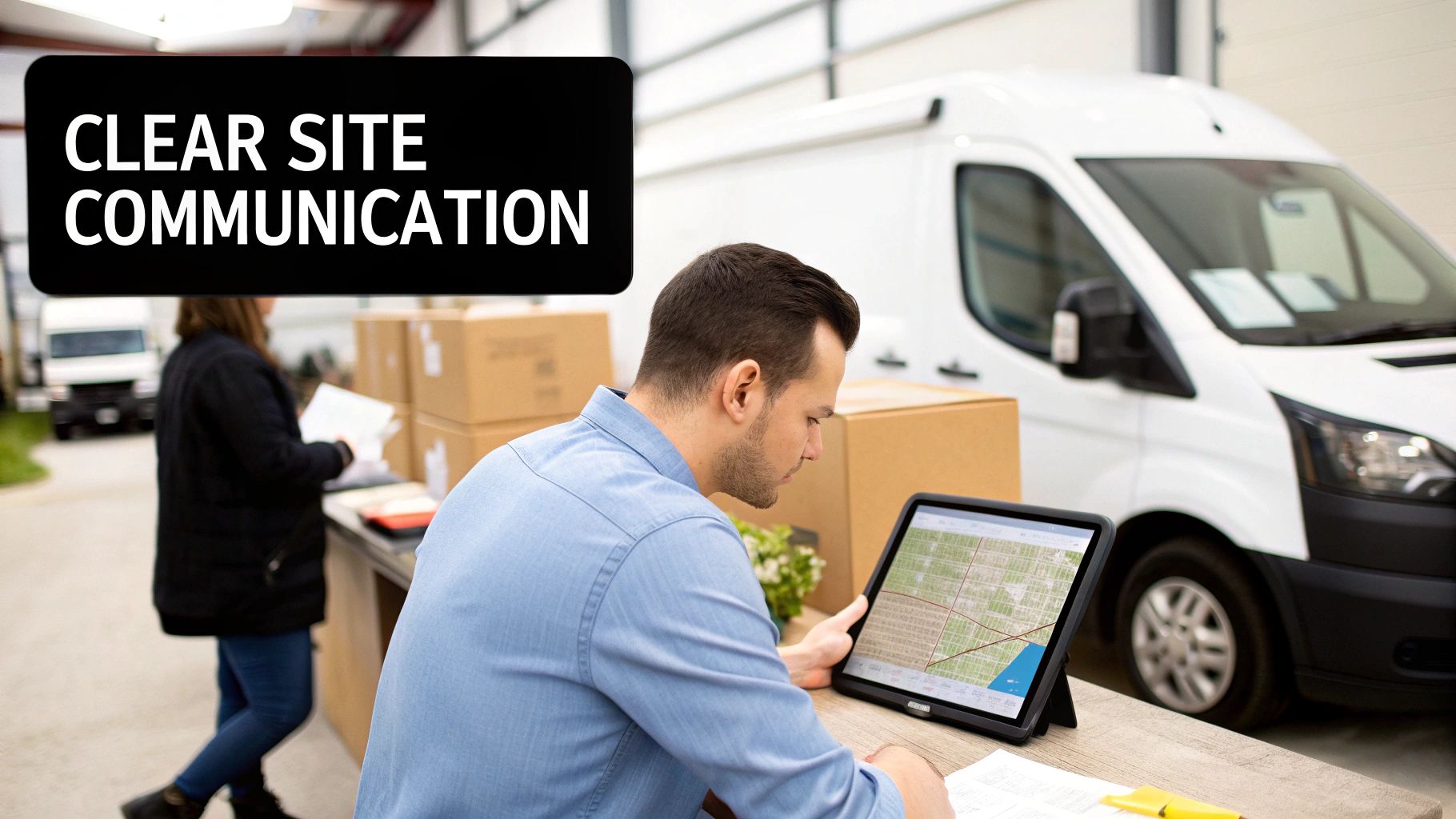 Workers on a construction site using radios for communication.