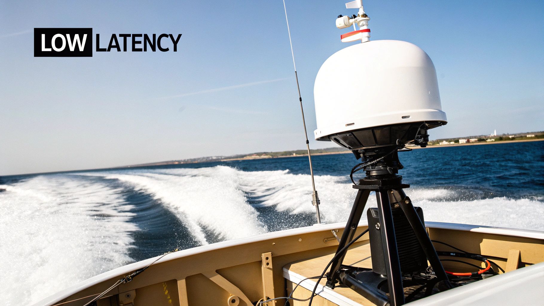 An image showing the Starlink satellite network orbiting Earth and connecting to a boat at sea.
