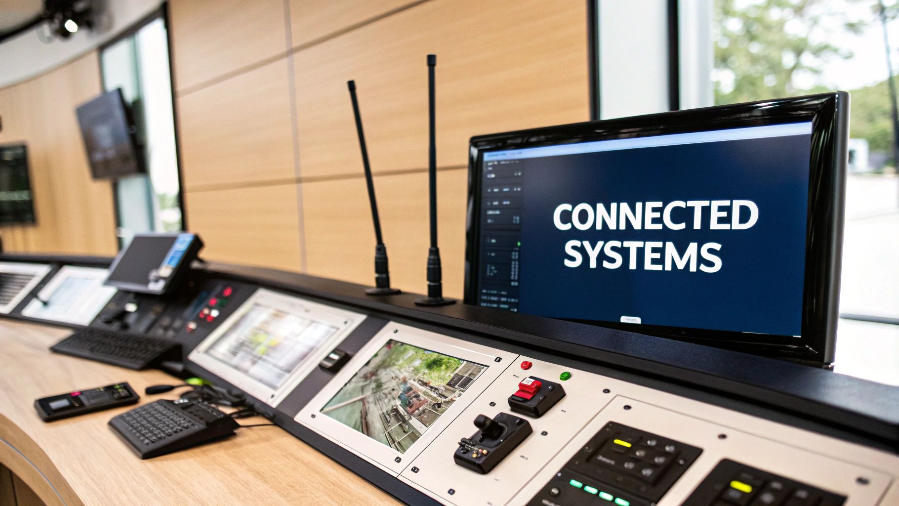 An illustration showing a central hub connecting cameras, radios, and other communication devices, symbolising an integrated system.