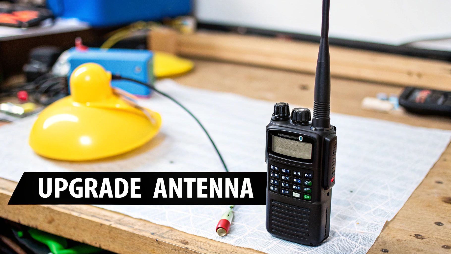 A person upgrading the antenna on a long-range walkie talkie, with the New Zealand landscape in the background.