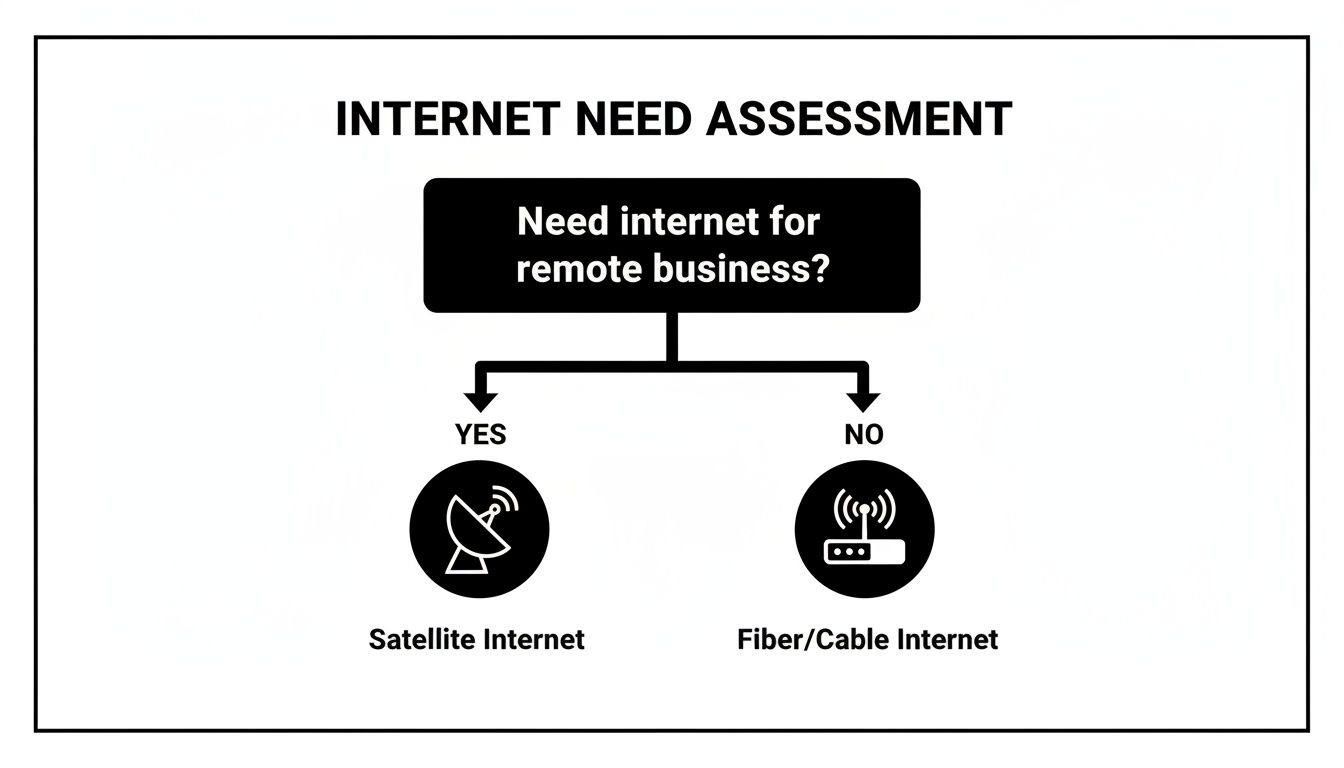 A flowchart assessing internet needs for remote business, guiding users to satellite or fiber/cable options.