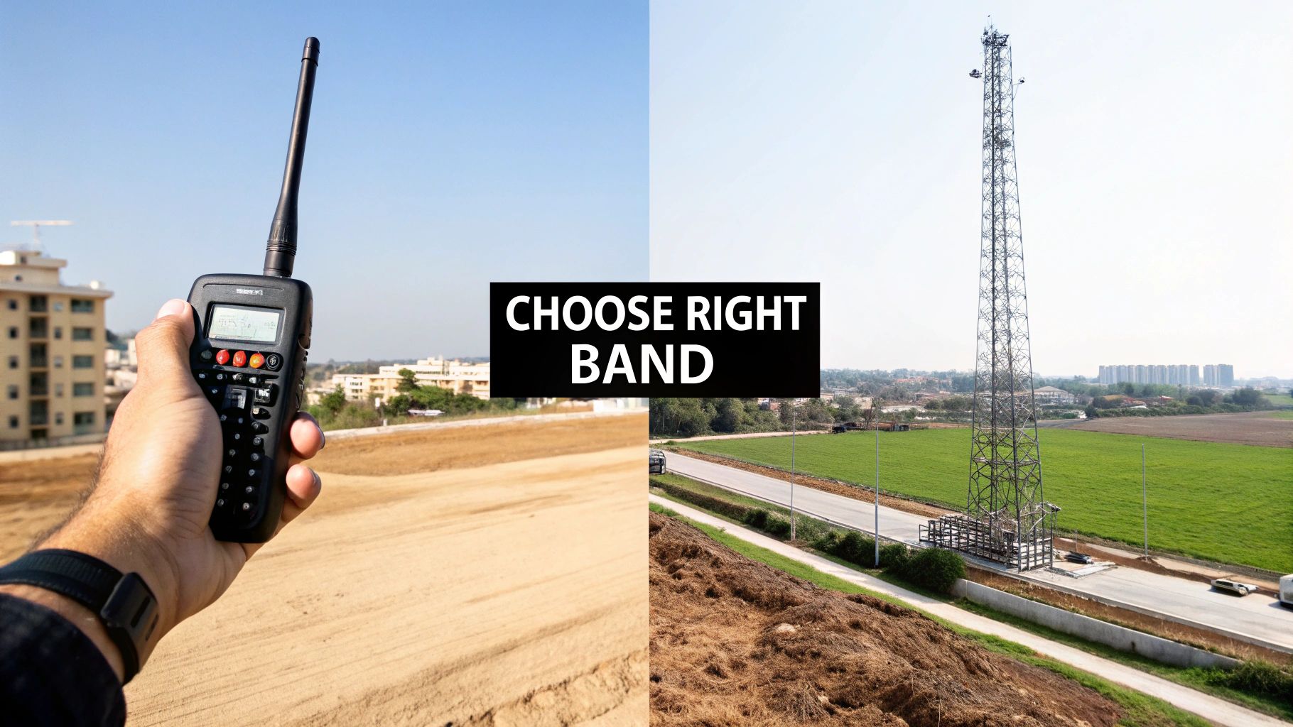 A hand holds a walkie-talkie, facing a tall communication tower, with 'CHOOSE RIGHT BAND' text.