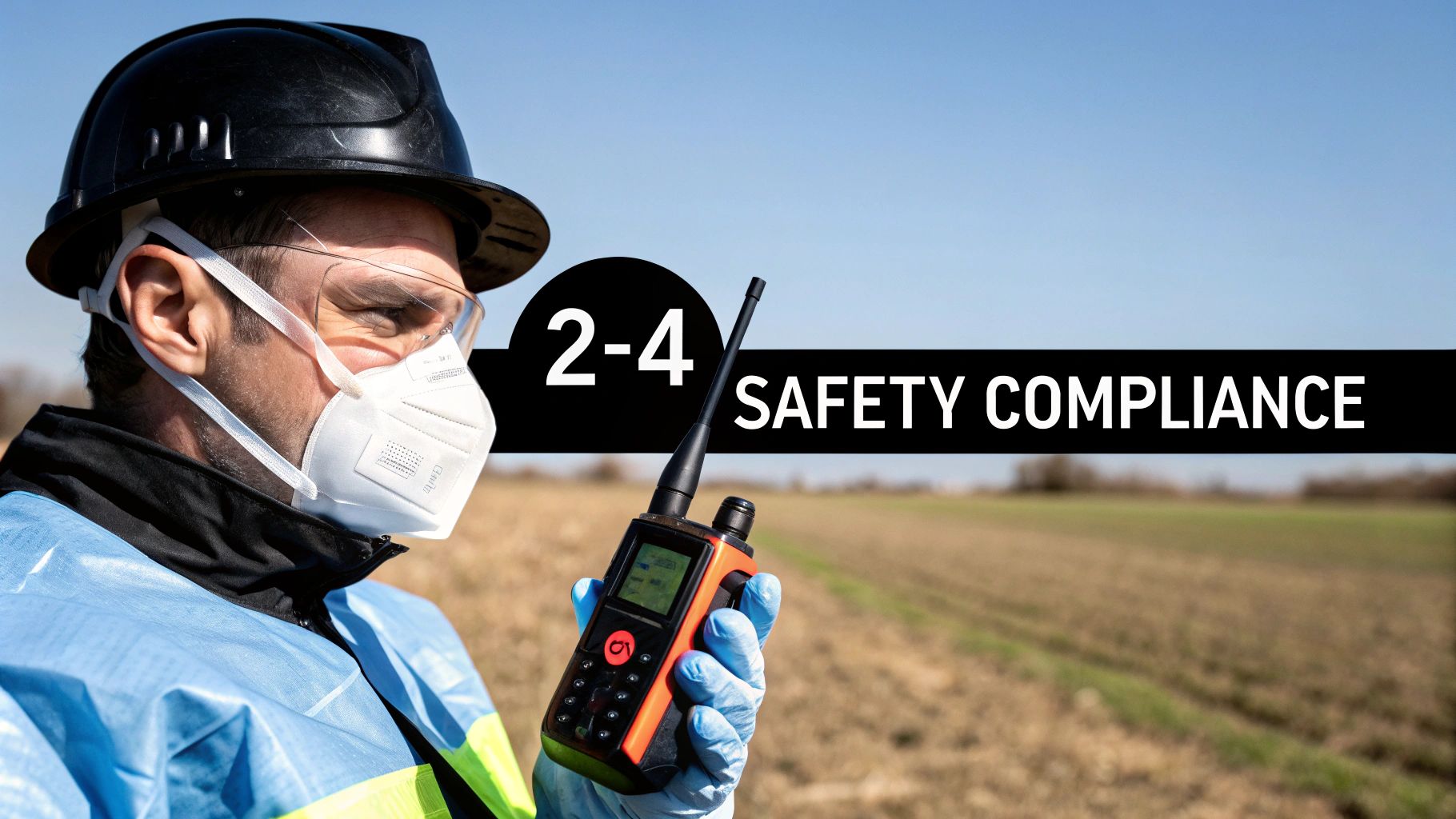 A worker in a hard hat, face mask, and protective clothing holds a walkie-talkie in a field under a clear sky, with text “SAFETY COMPLIANCE”.