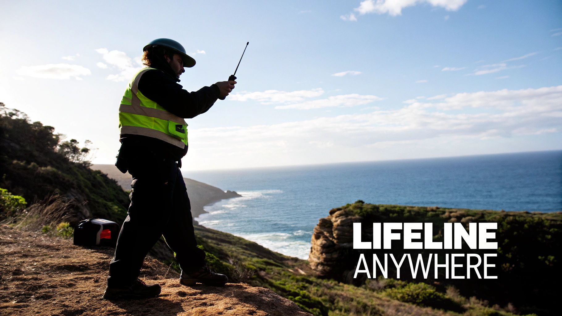 A person in a safety vest and helmet uses a radio on a cliff overlooking the ocean.