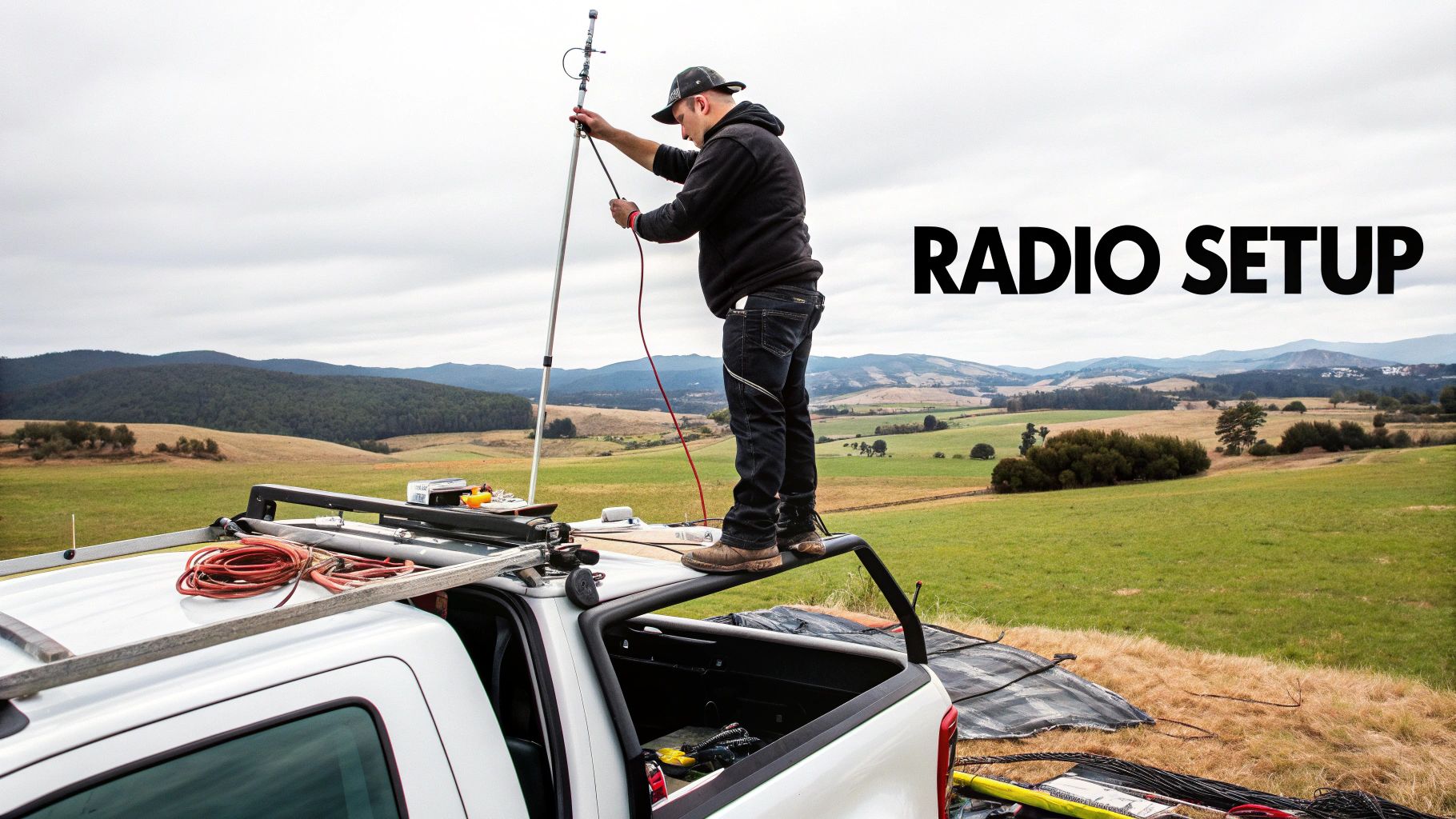 Technician setting up portable radio antenna on truck in rural New Zealand farmland