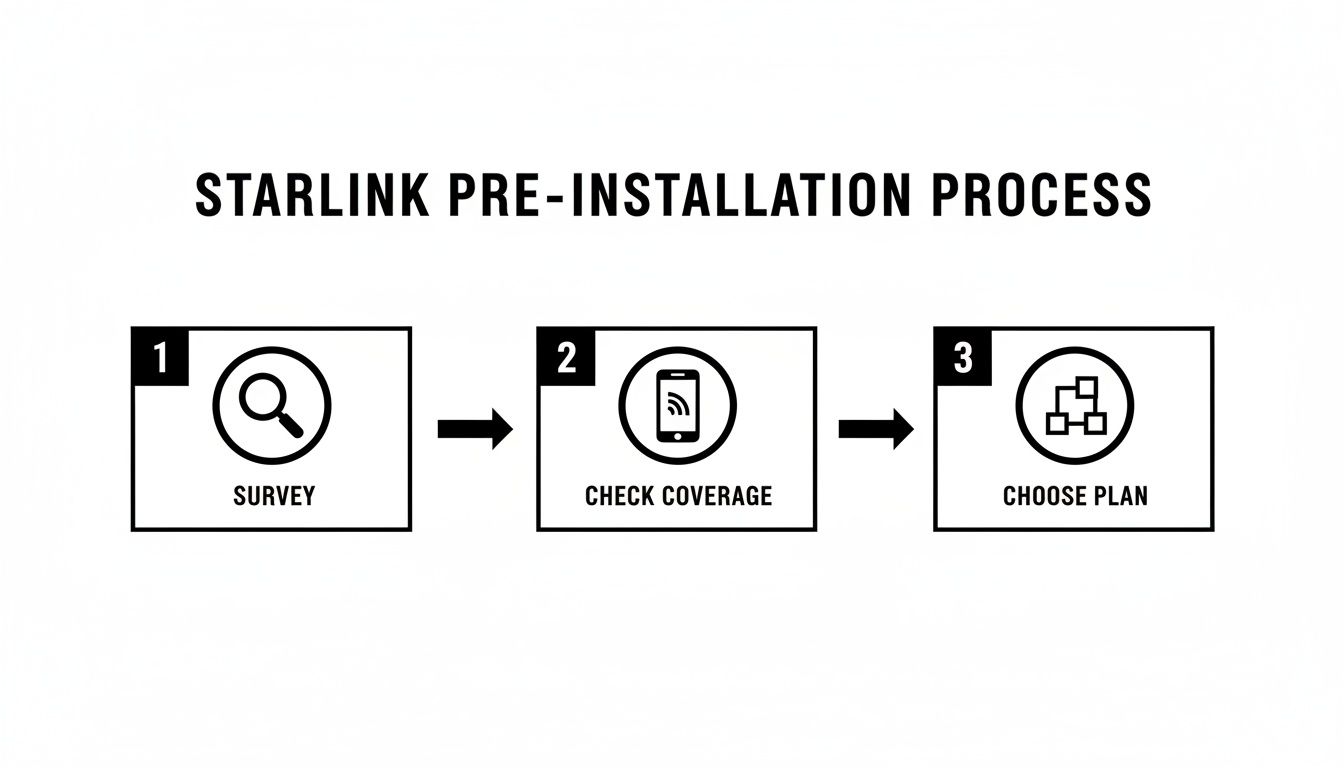 Starlink pre-installation process diagram showing three steps: survey, check coverage, and choose plan.