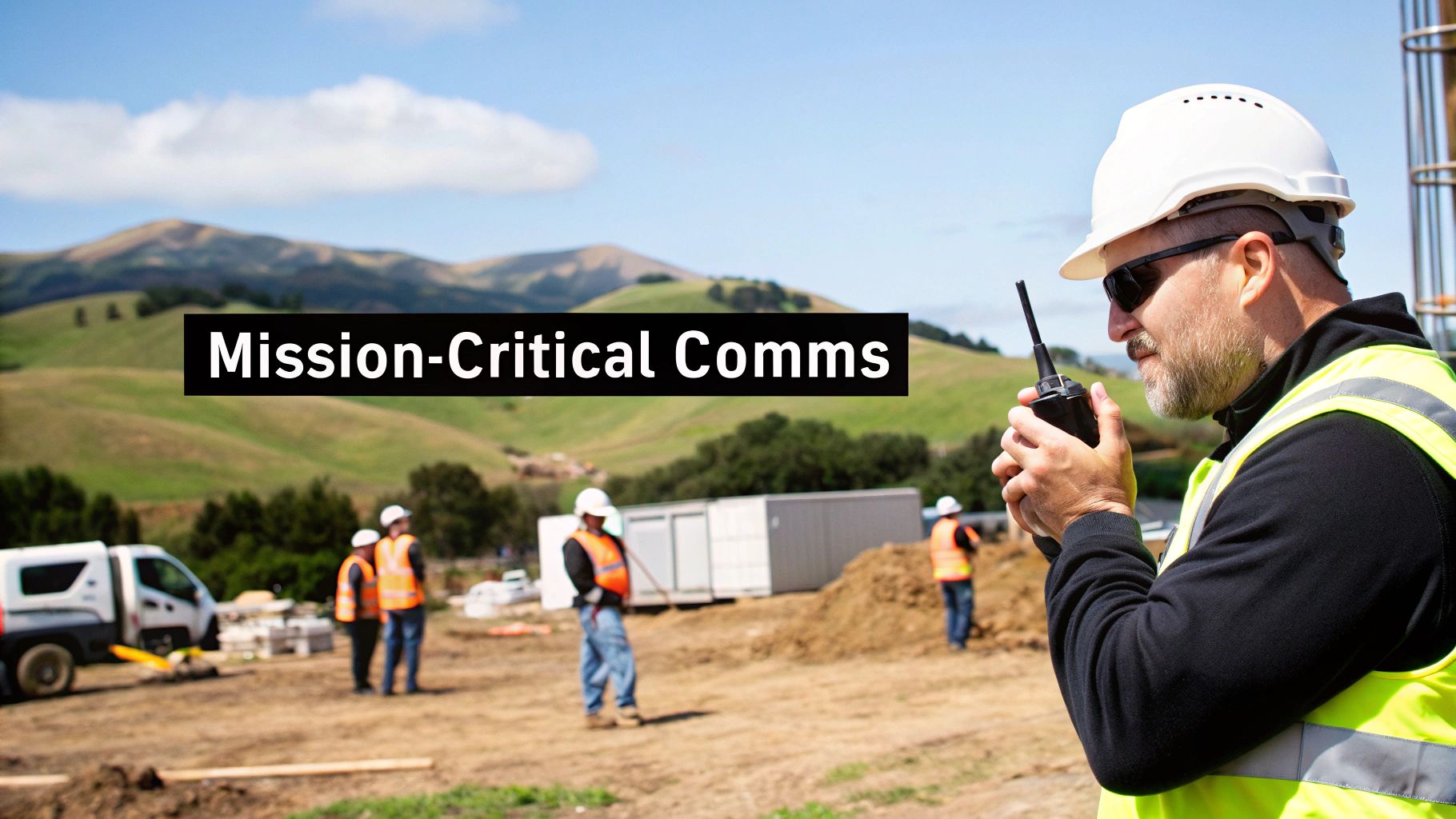 A construction worker in a hard hat and high-vis vest uses a walkie-talkie at a job site.