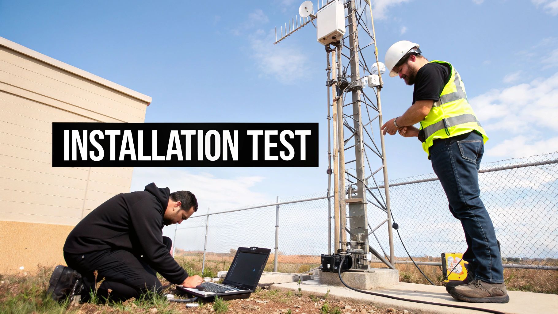 Two engineers perform an installation test on a communication tower, one uses a laptop.