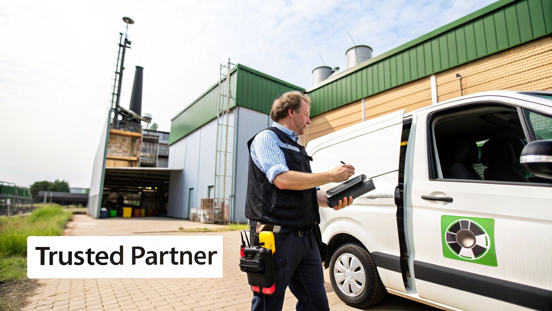 A service technician inspects equipment by a white van outside a factory building.