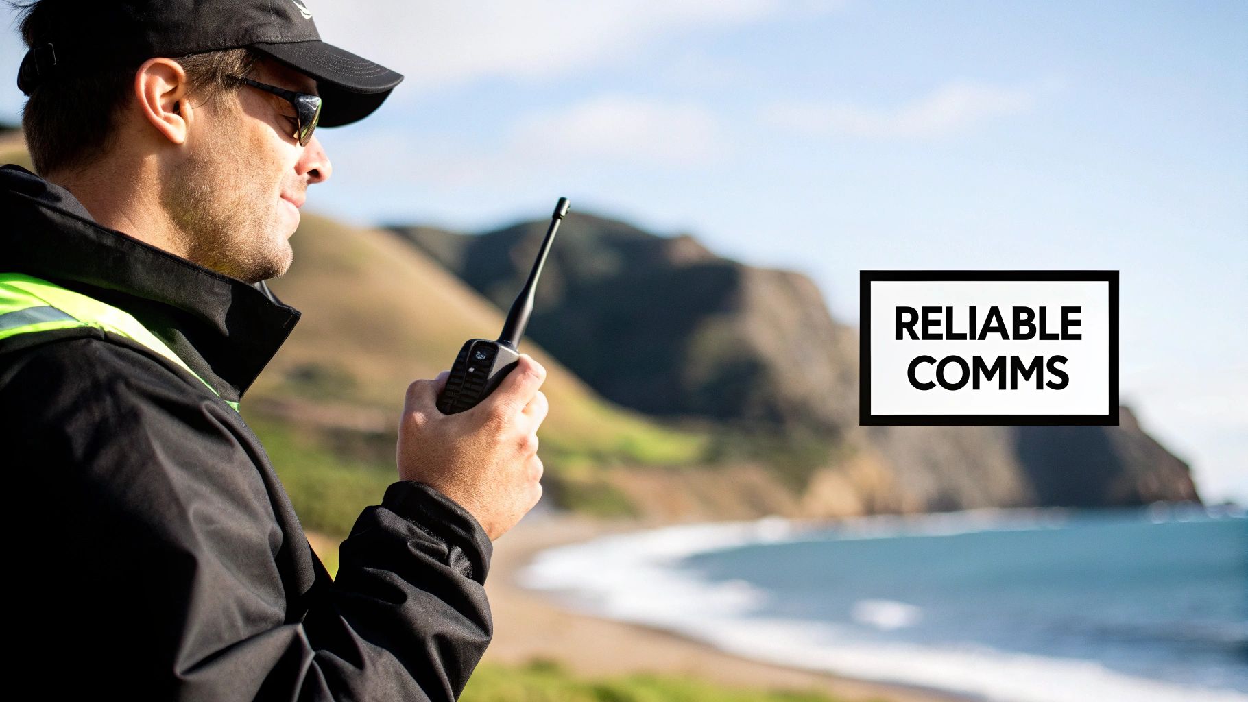 A person holding an Entel DX422 two-way radio in a rugged outdoor setting.