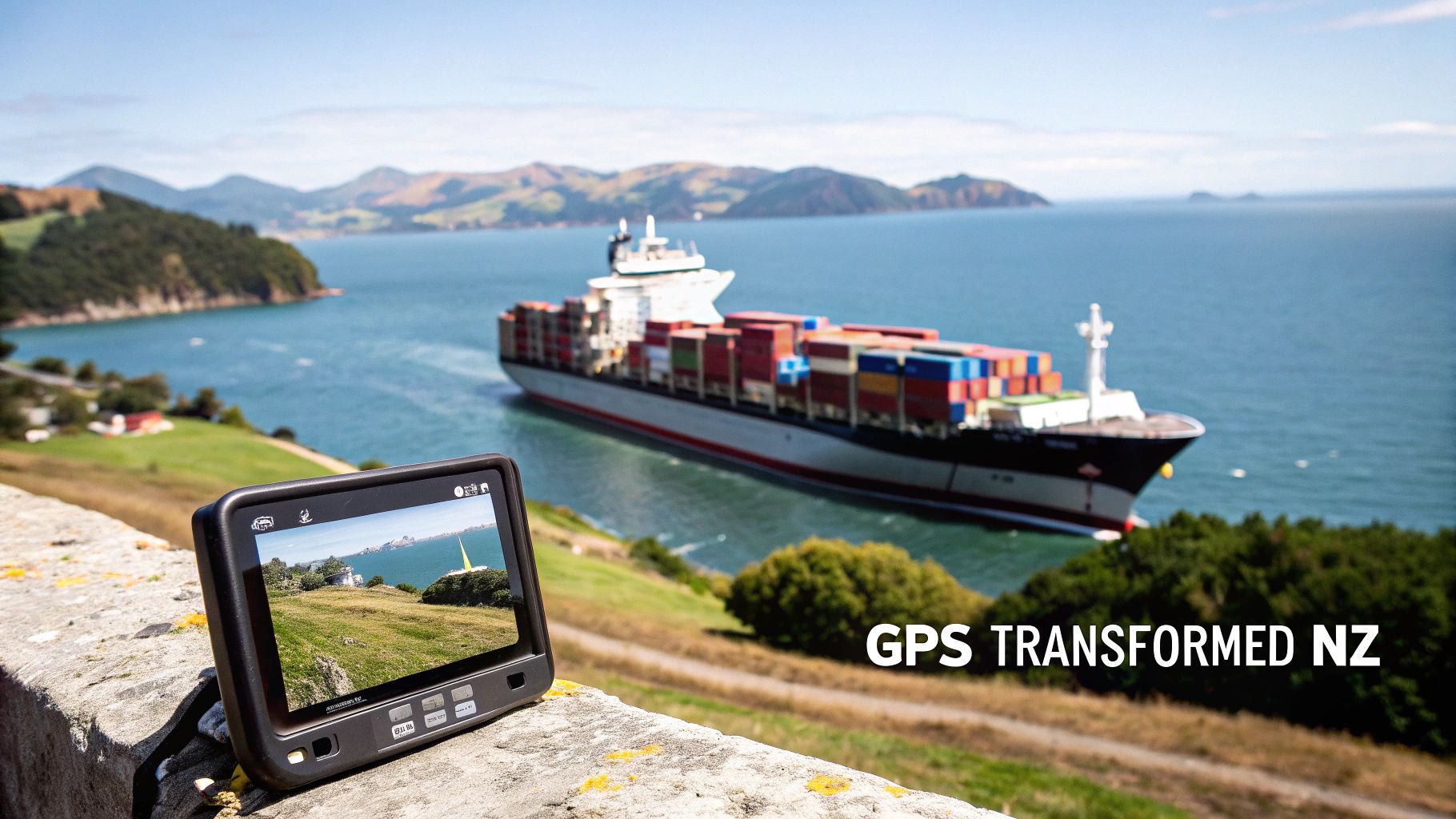 A GPS device displays a scenic New Zealand coastal view with a large container ship sailing in the bay.