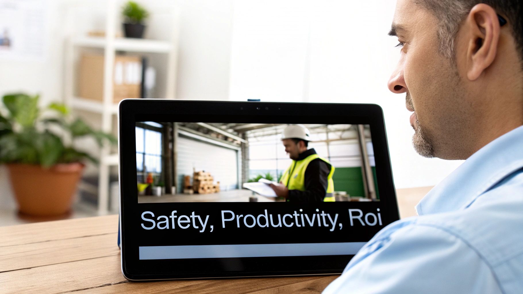 Professional man watching remote warehouse worker safety training video on tablet device at desk