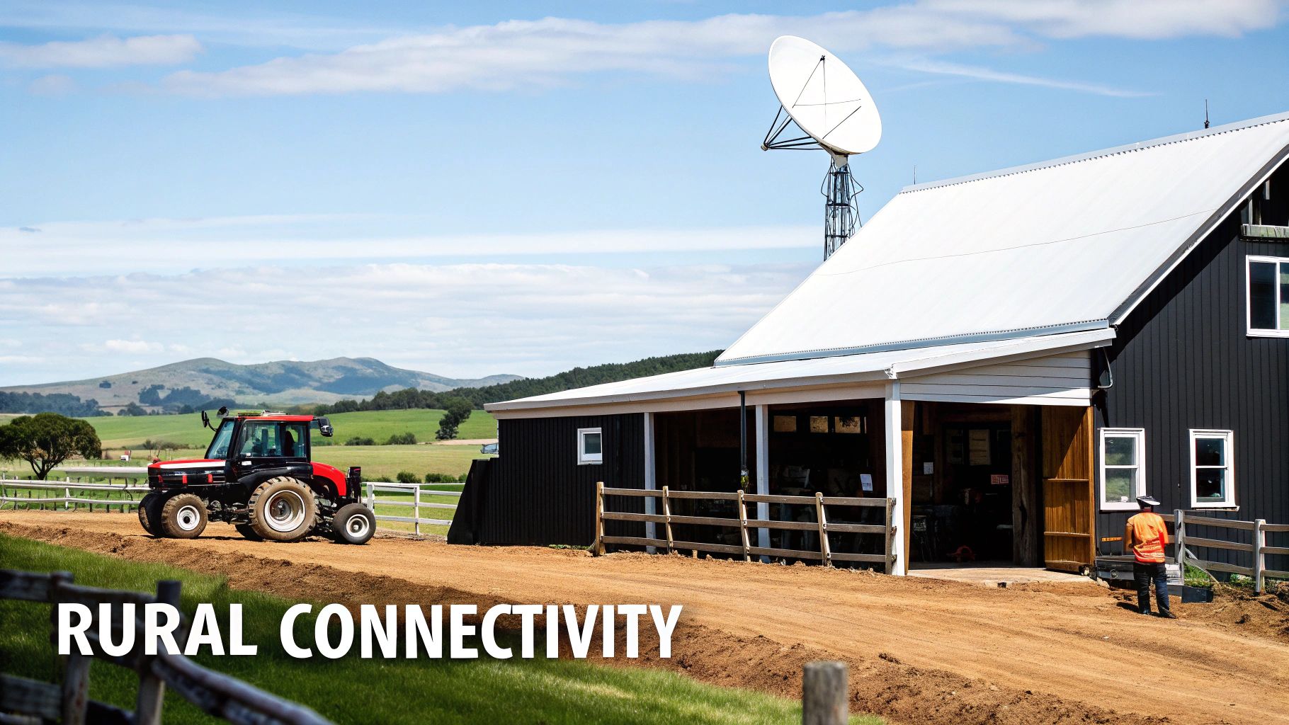 A modern barn with a satellite dish, a tractor, and a person in a rural New Zealand landscape.