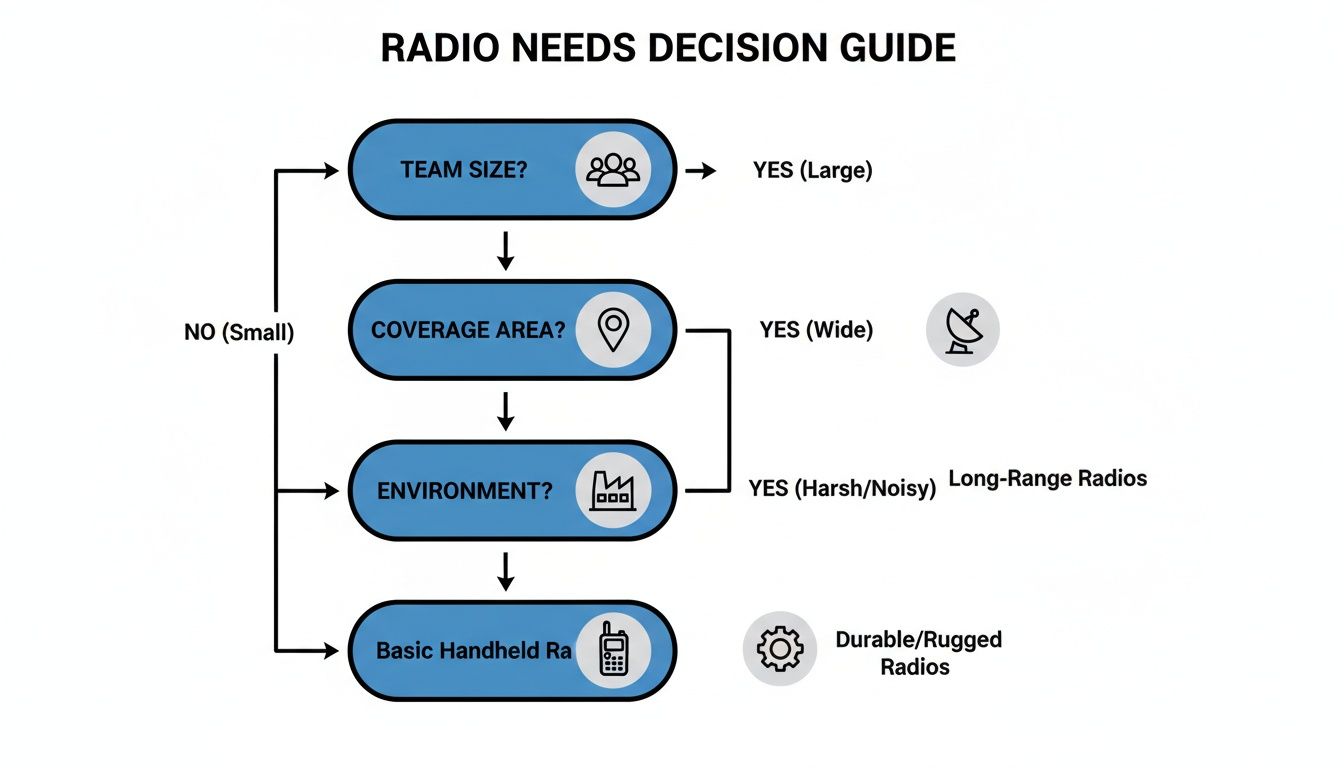 A radio needs decision guide flowchart for selecting radios based on team size, coverage area, and environment.