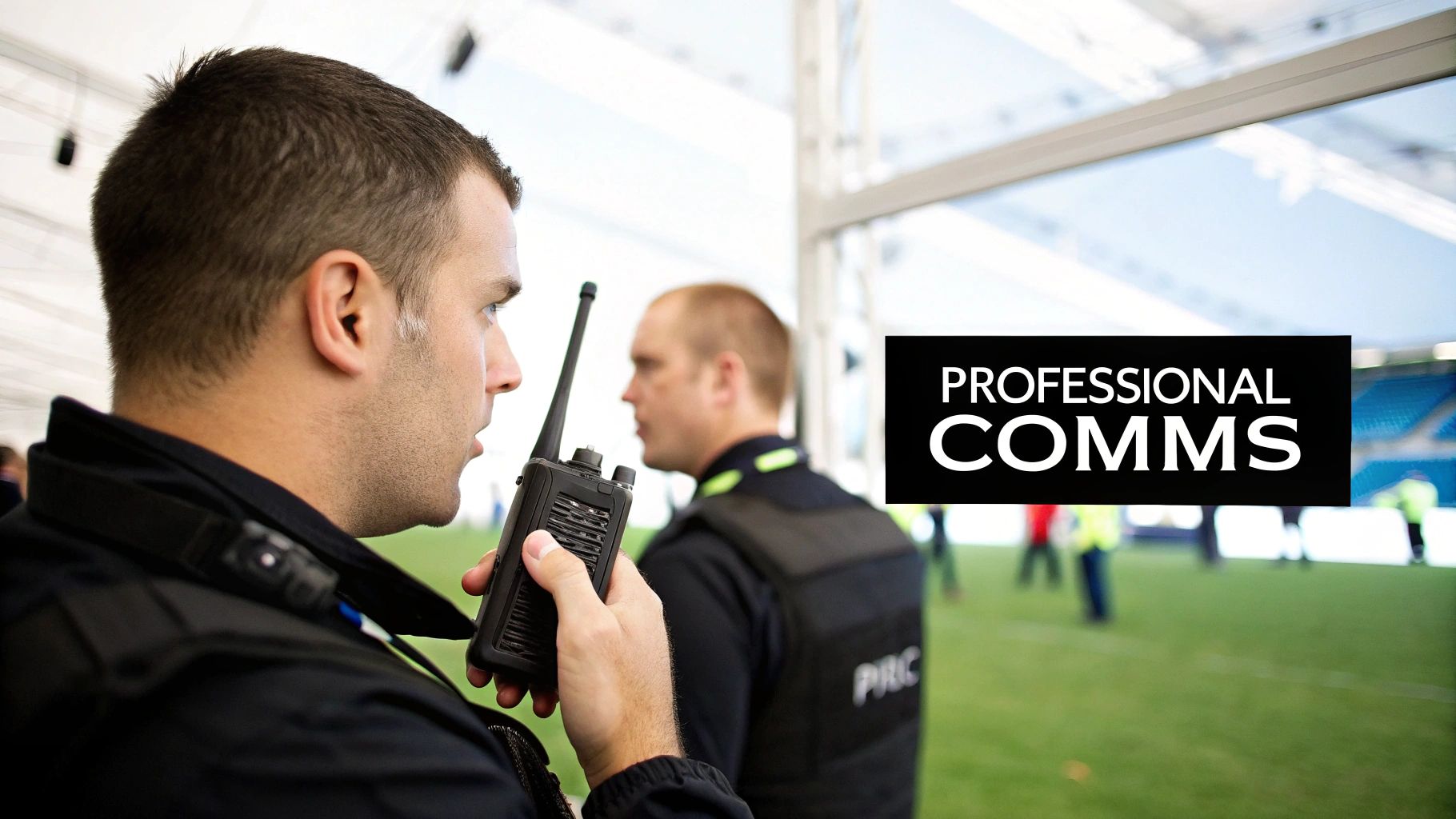 A person using a two-way radio surveillance kit with an earpiece for discreet communication.
