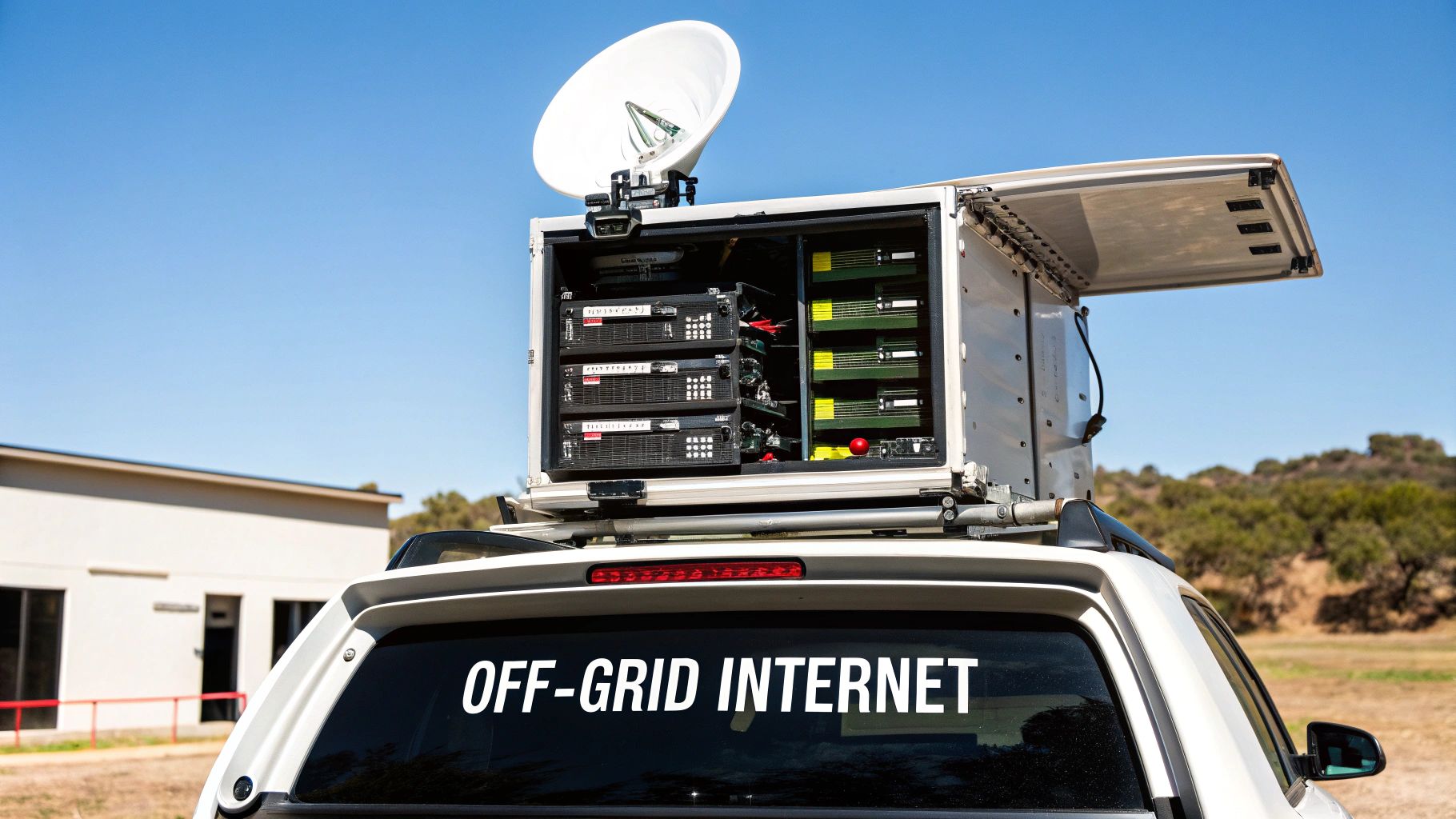 A white SUV equipped for off-grid internet with a satellite dish and servers visible on its roof.