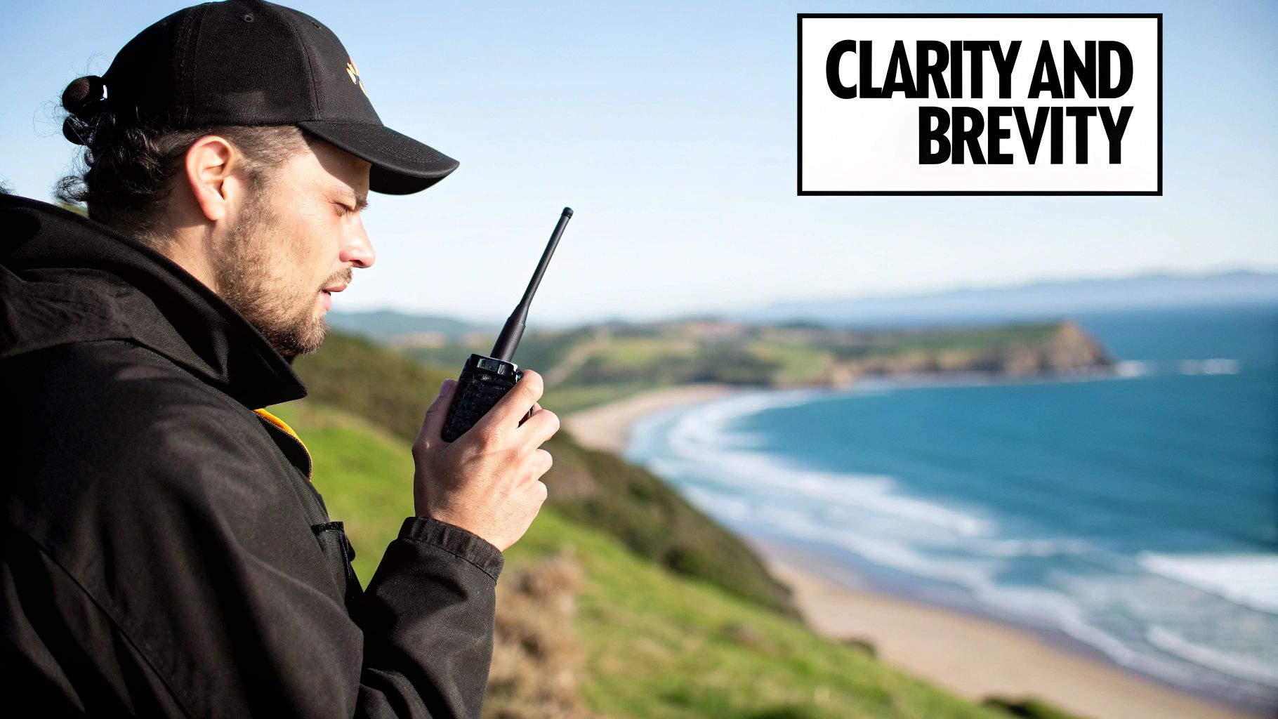 A person using a two-way radio in an outdoor setting, exemplifying communication.
