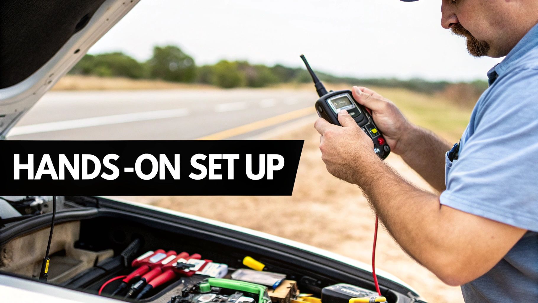 A technician working on a communications system in a vehicle.