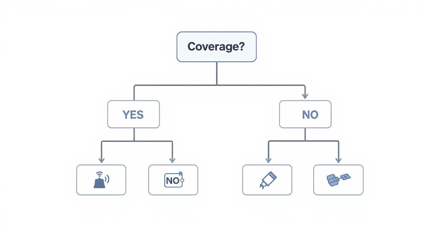 Flowchart for coverage decision: Yes leads to wireless alert or 'no'; No leads to rocket or satellite solutions.